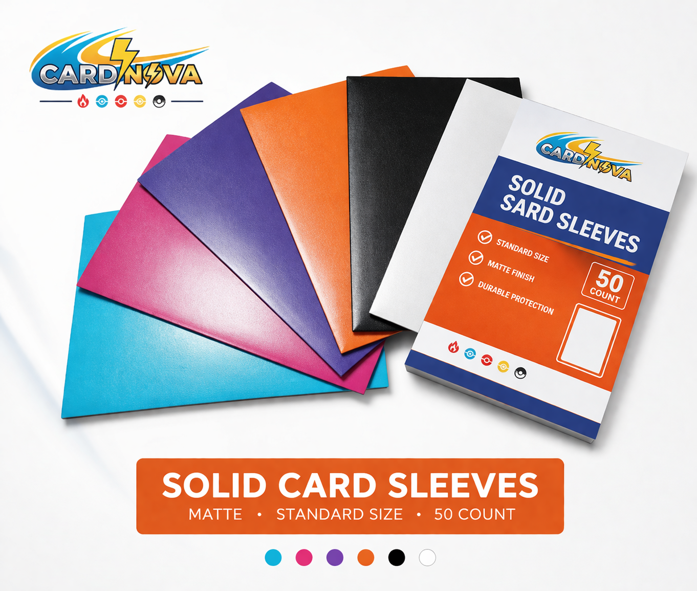 Cardnova solid card sleeves in various colors with a packaging box 