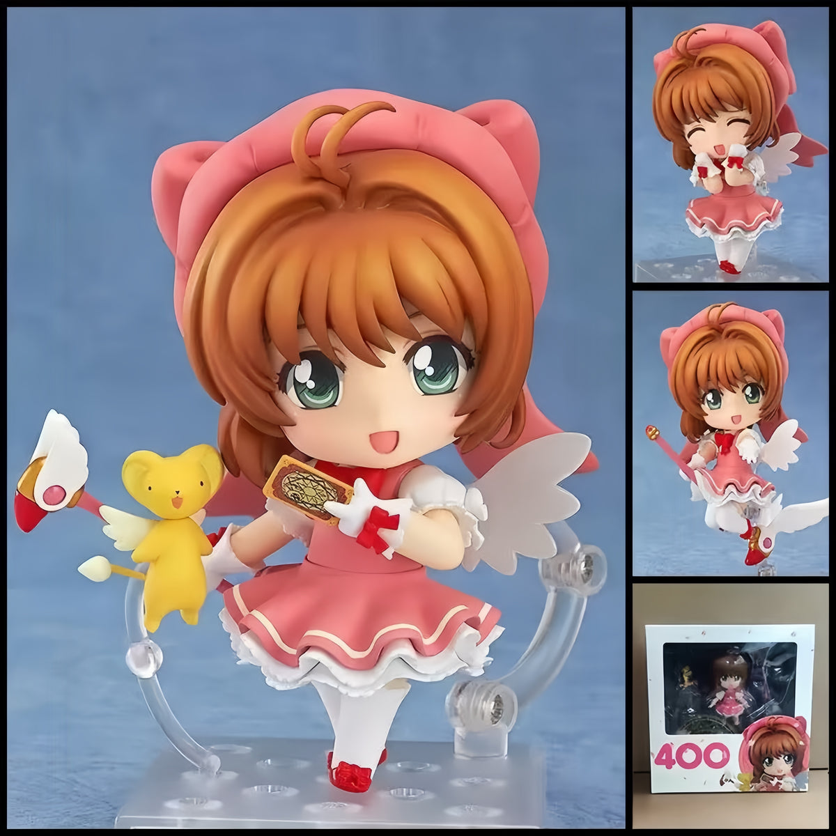 Sakura Kinomoto CARDCAPTOR SAKURA chibi action figure with pink costume, wing details, Kero companion, cards, magical accessories, and display base.