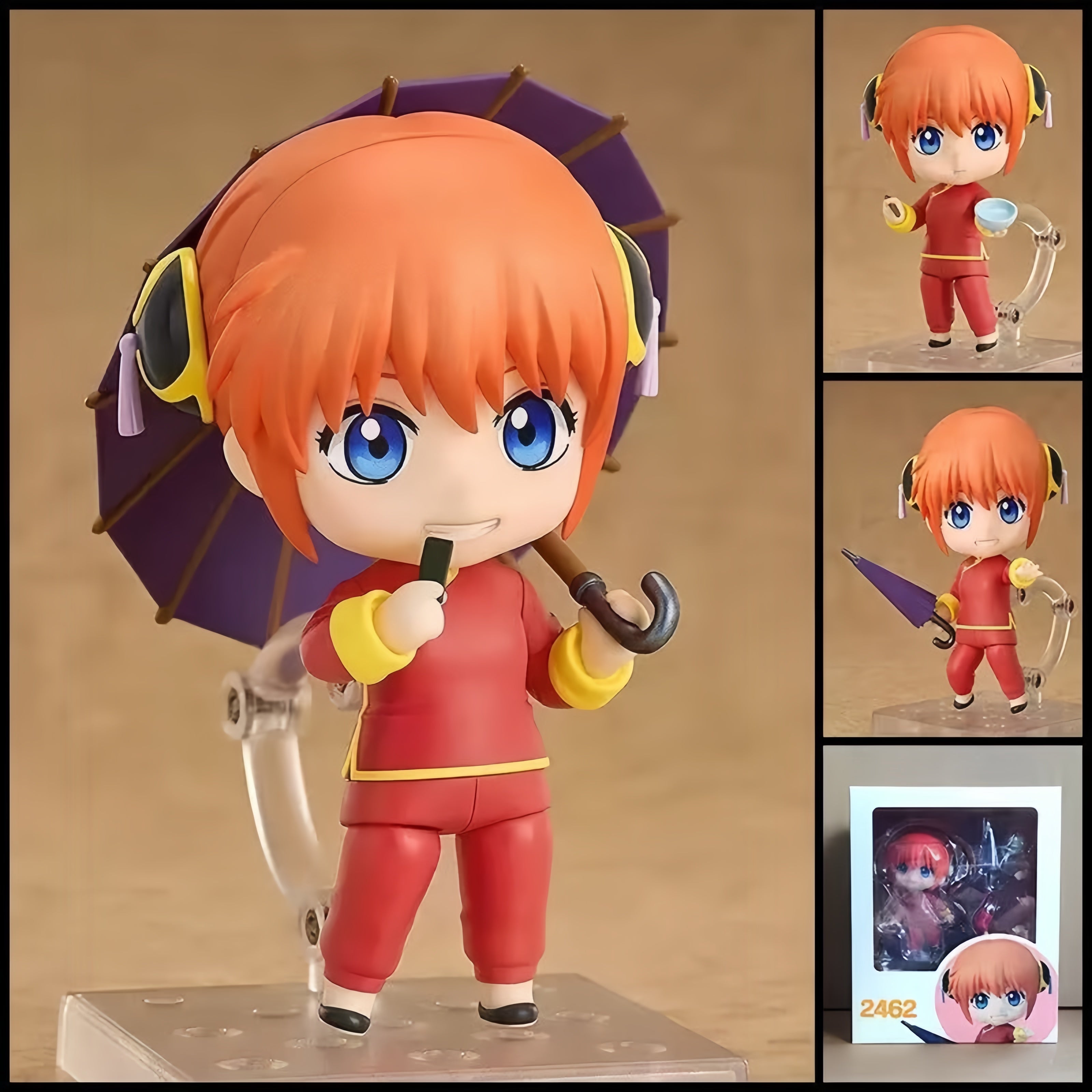 Kagura GINTAMA chibi action figure with orange hair, red Chinese-style outfit, purple umbrella, character accessories, and clear display base.