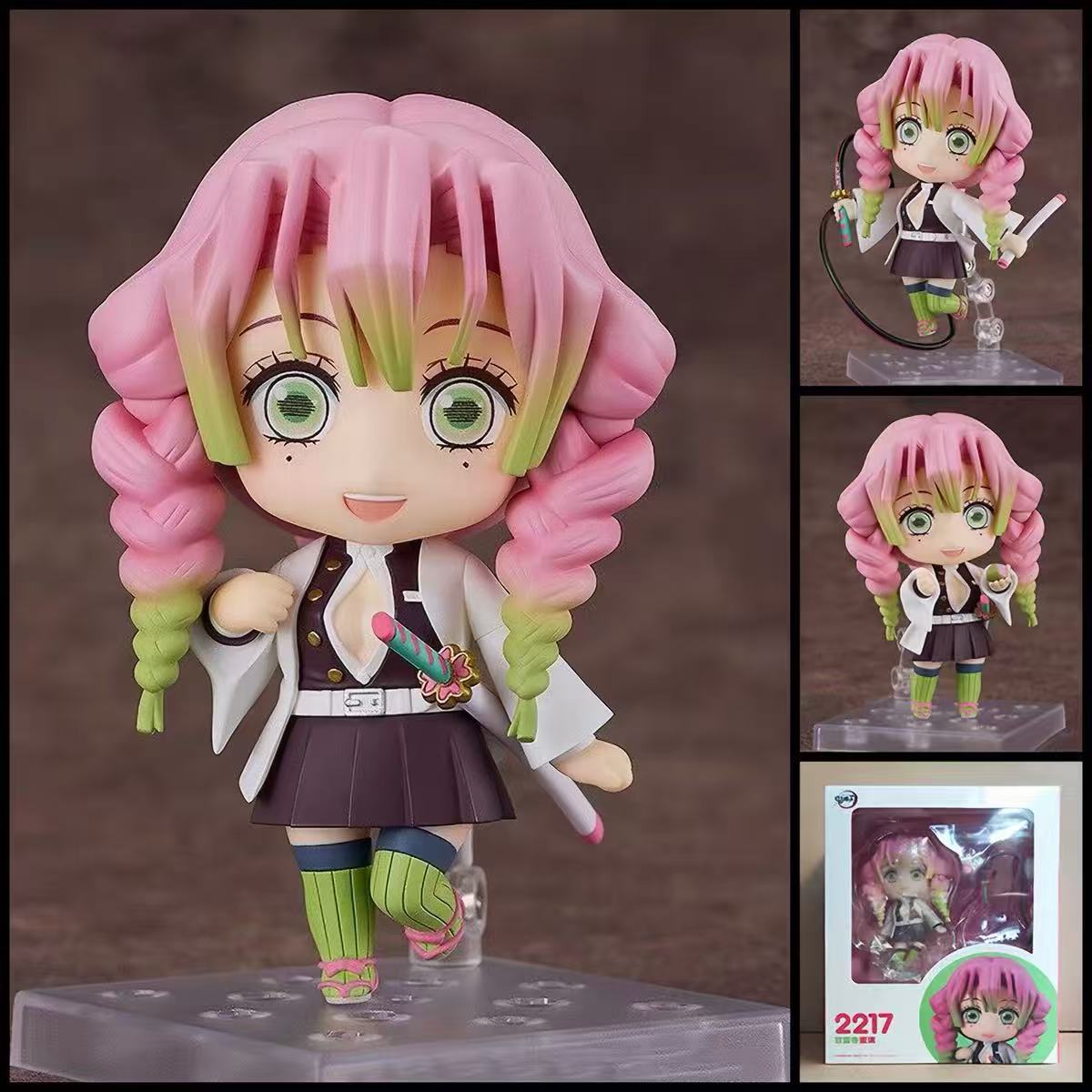 Mitsuri Kanroji DEMON SLAYER chibi action figure with pink-and-green braided hair, Demon Slayer uniform, flexible sword accessory, character accessories, and display base.
