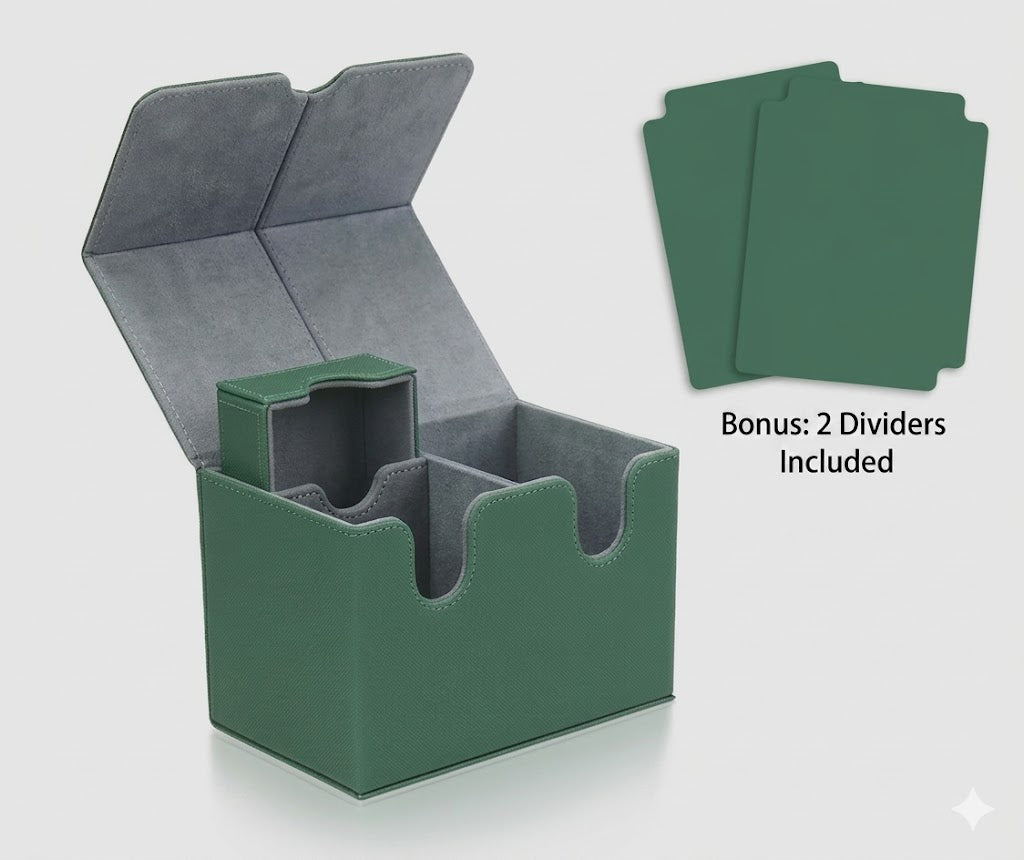 Green card storage box with open lid showing compartments, accompanied by green cards on a light gray background.