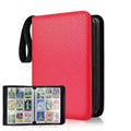 Red and black card holder with a compartment displaying trading cards