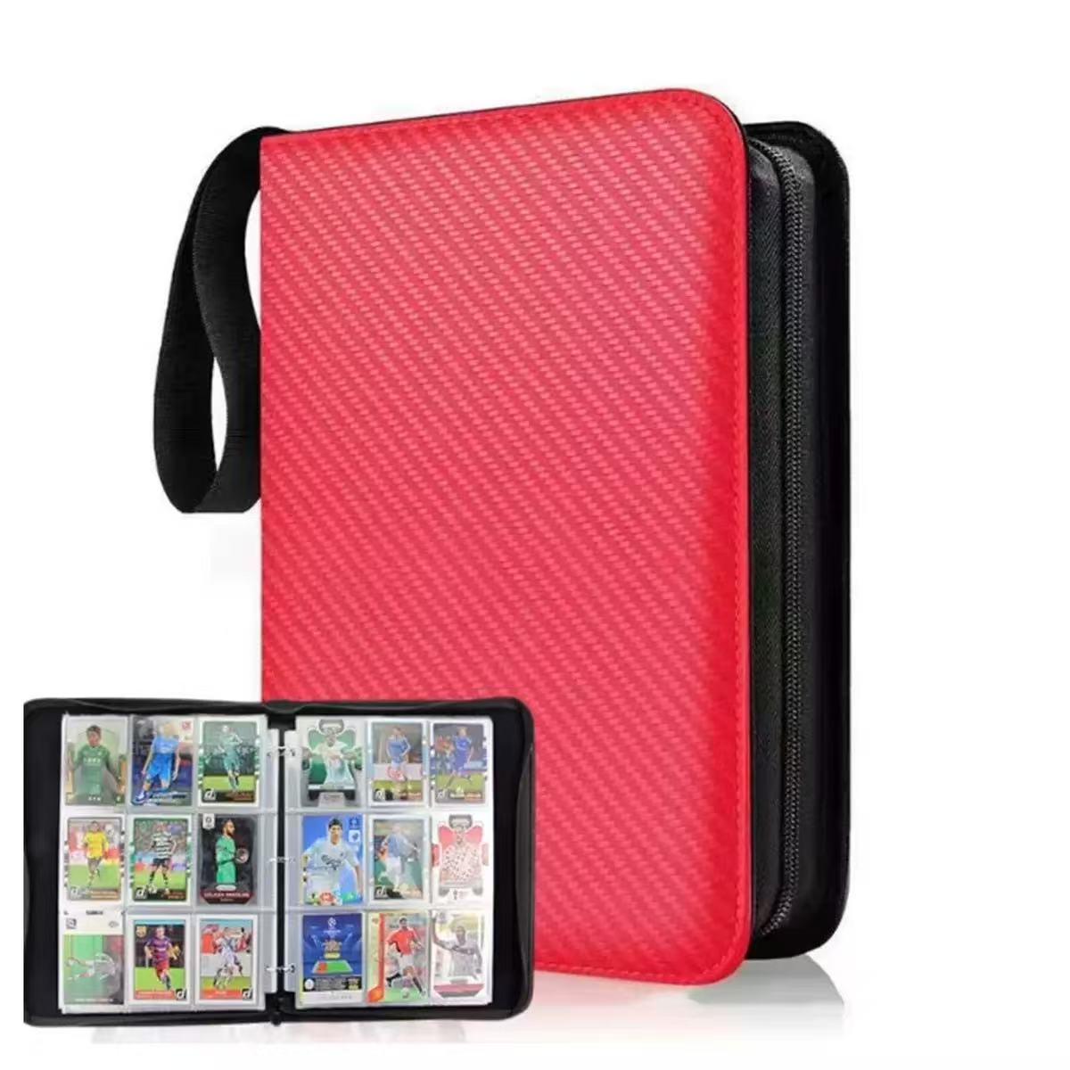 Red and black card holder with a compartment displaying trading cards