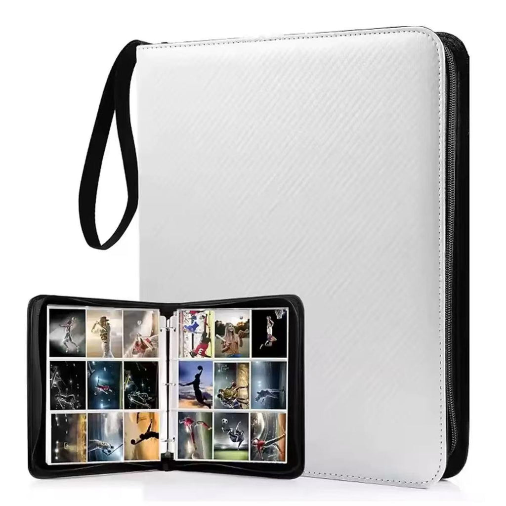 White and black card holder with a compartment displaying trading cards