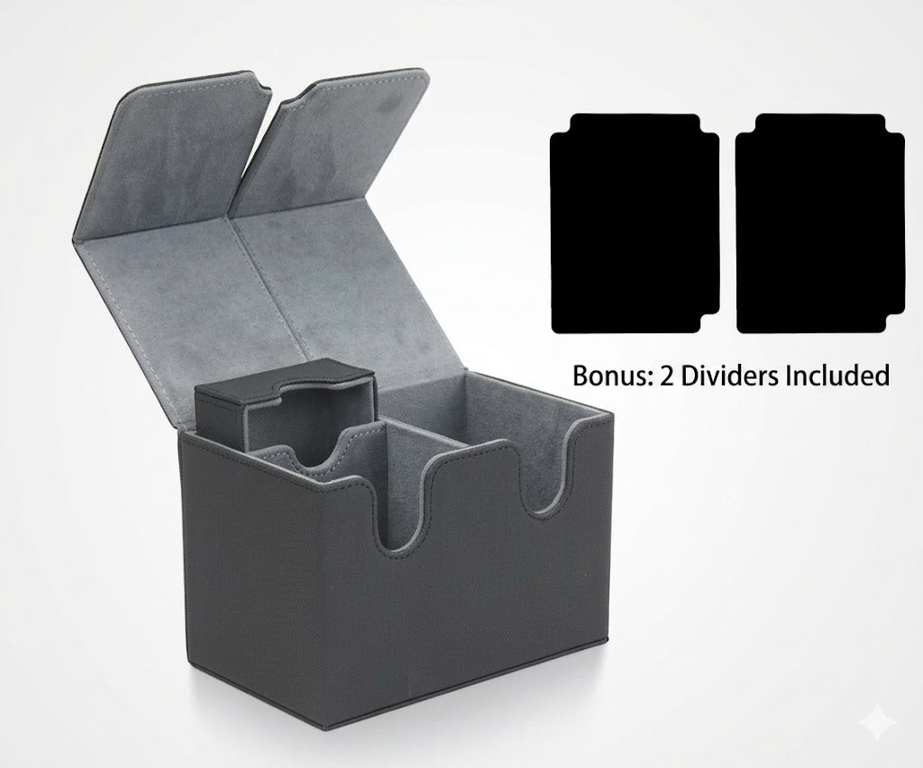 Gray card game box with two included dividers