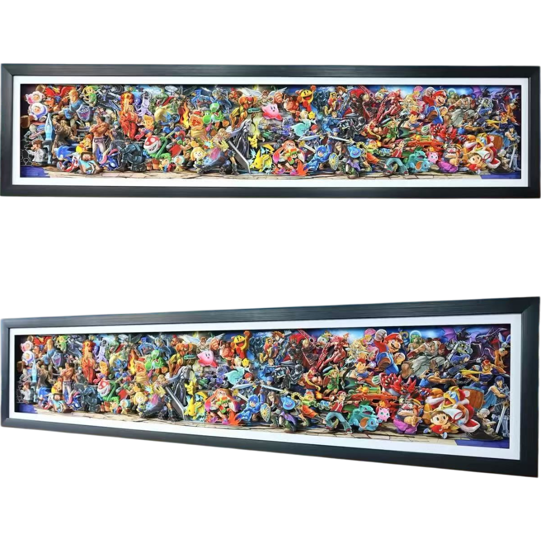 3D layer frame gaming collage wall art in a panoramic 29 x 122 cm black frame, featuring a colourful multi-character display for game room decor.