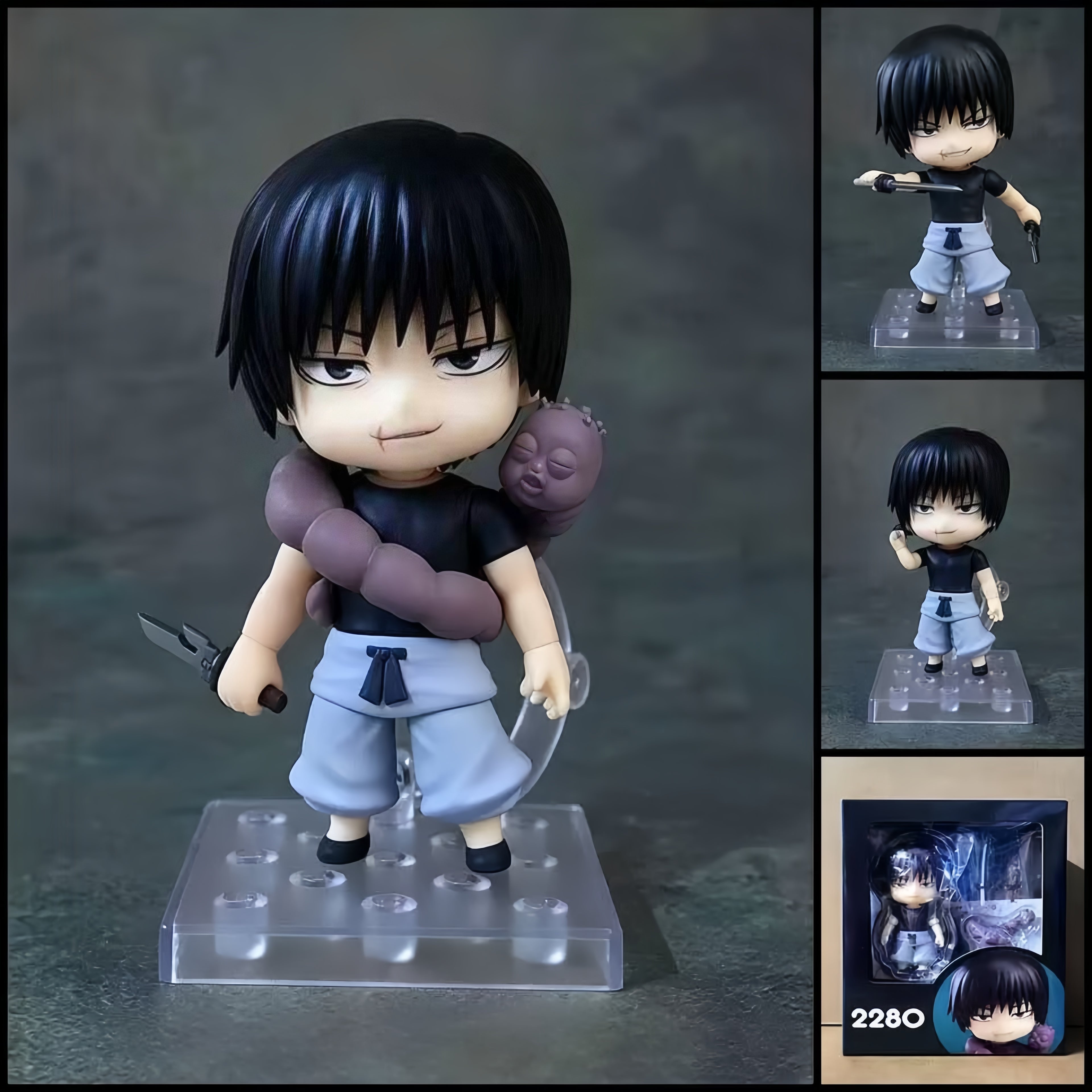 Toji Fushiguro JUJUTSU KAISEN chibi action figure with black hair, facial scar, Inventory Curse, weapon accessories, interchangeable parts, and clear display base.