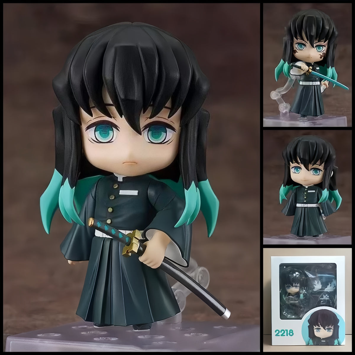 Muichiro Tokito DEMON SLAYER chibi action figure with black-to-mint hair, Hashira uniform, Nichirin sword, interchangeable parts, and clear display base.