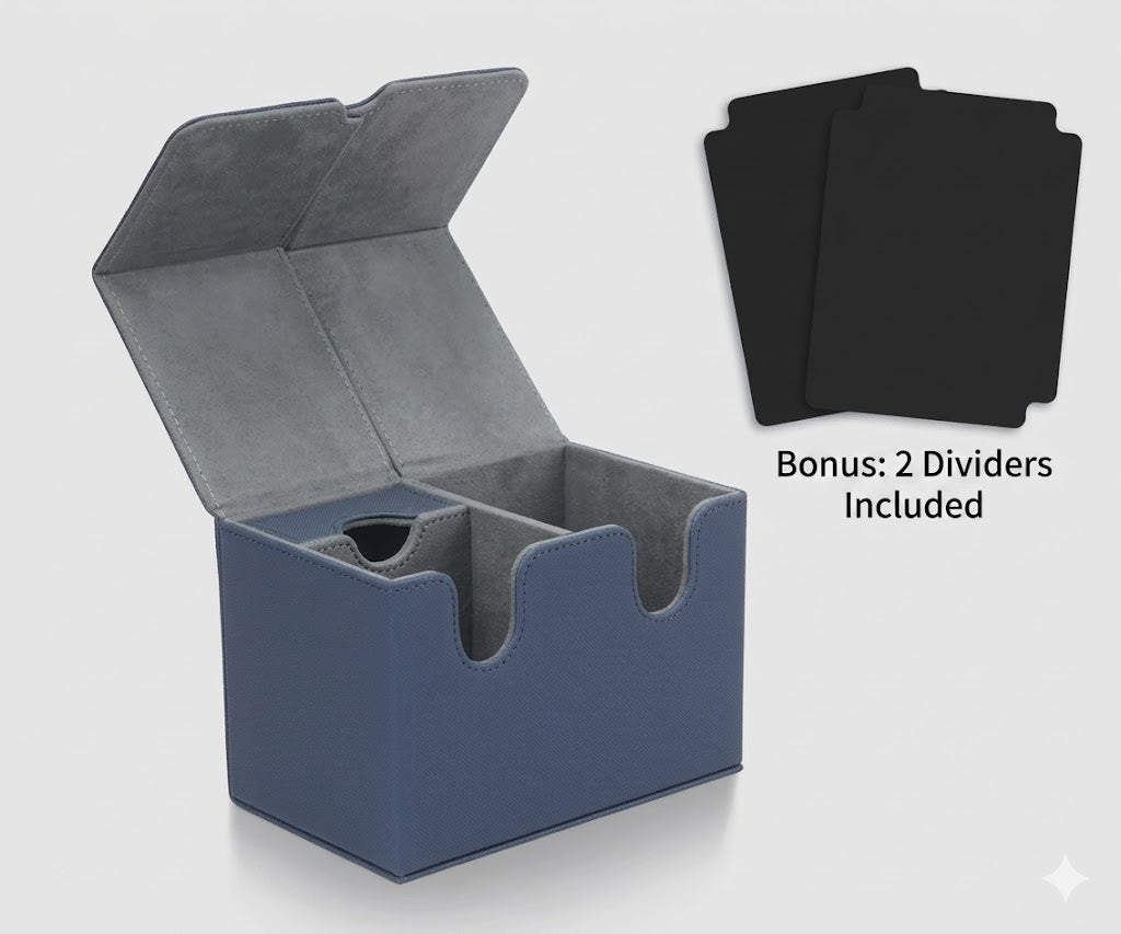Blue card storage box with open lid showing two black card dividers on a light gray background.