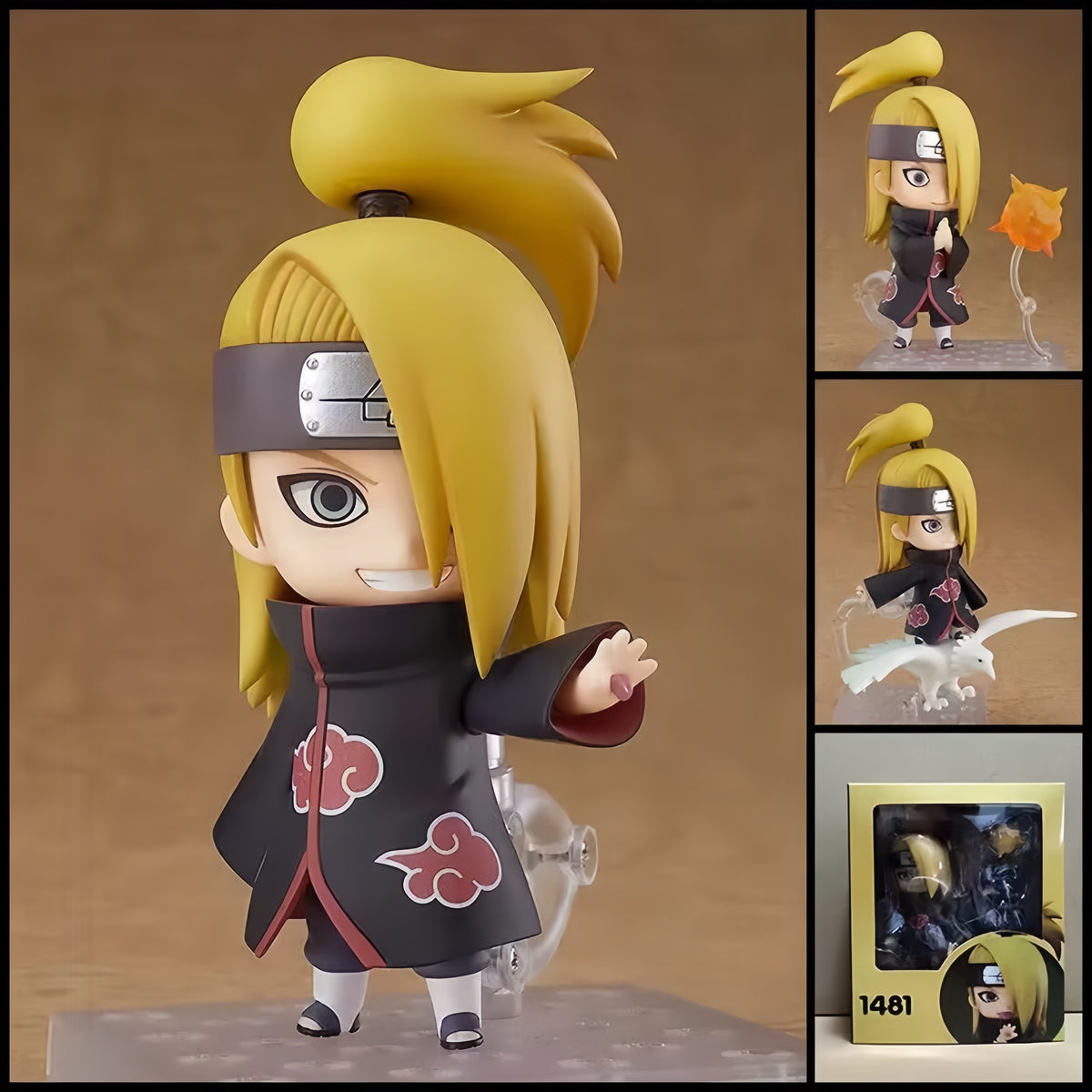 Deidara NARUTO chibi action figure with blond hair, Akatsuki cloak, forehead protector, explosive clay effects, clay bird accessory, and clear display base.