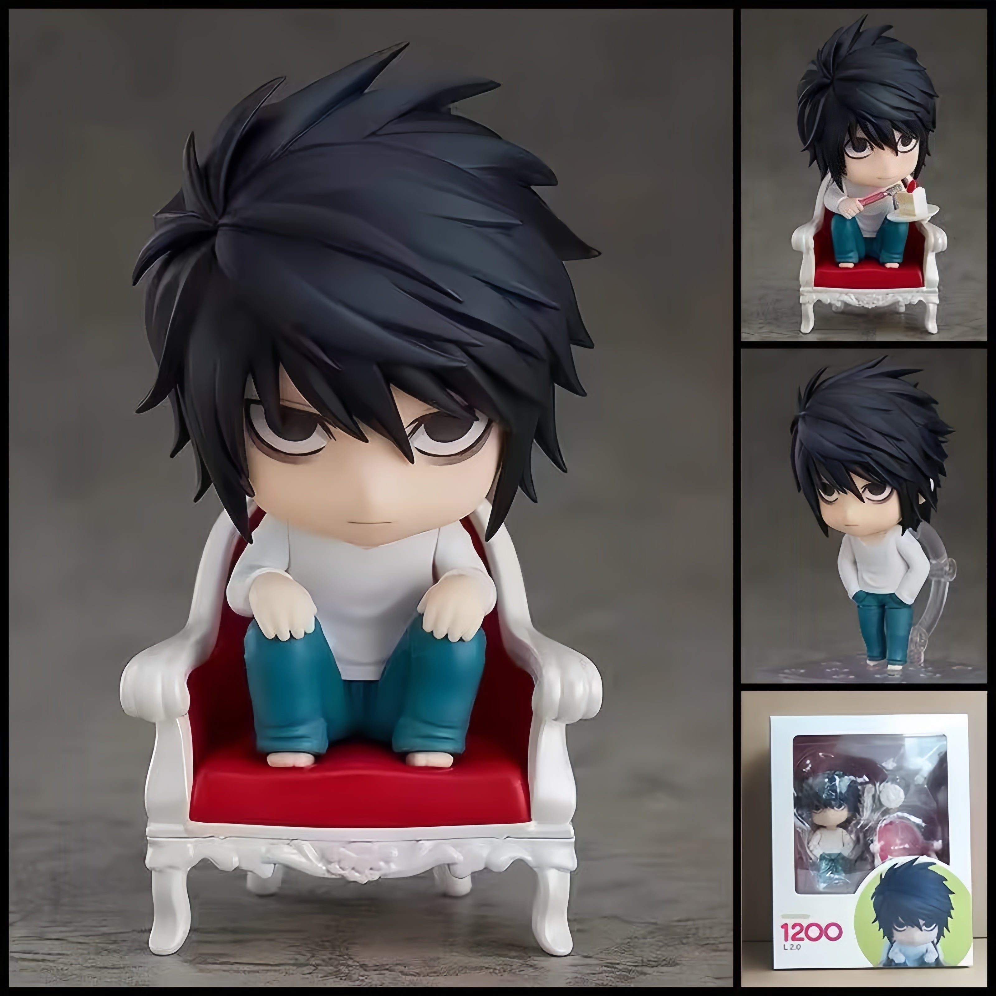 L DEATH NOTE chibi action figure with messy black hair, white shirt, blue jeans, signature crouched pose, chair, dessert accessories, and clear display base.