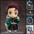Tanjiro Kamado DEMON SLAYER chibi action figure with green-and-black checkered haori, forehead scar, Demon Slayer uniform, interchangeable poses, and clear display base.