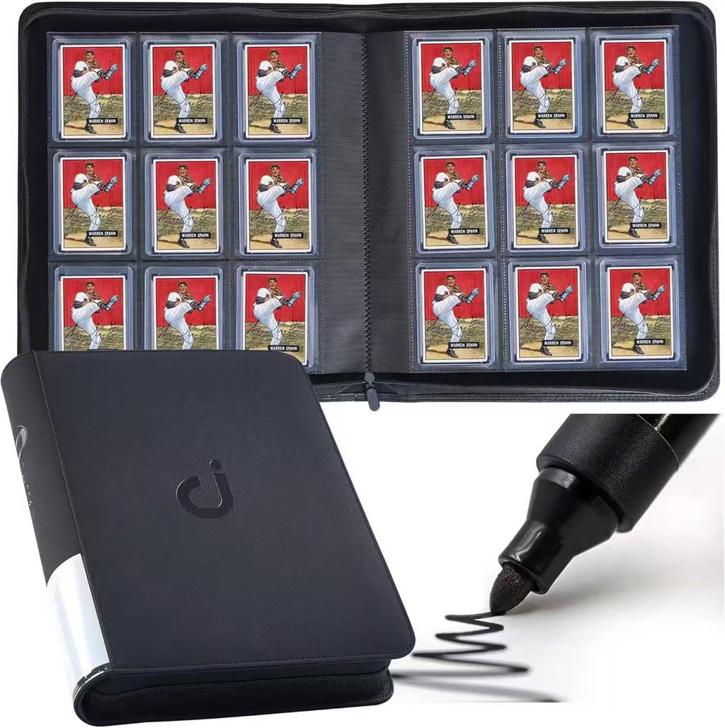 Collection of trading cards in a black binder 