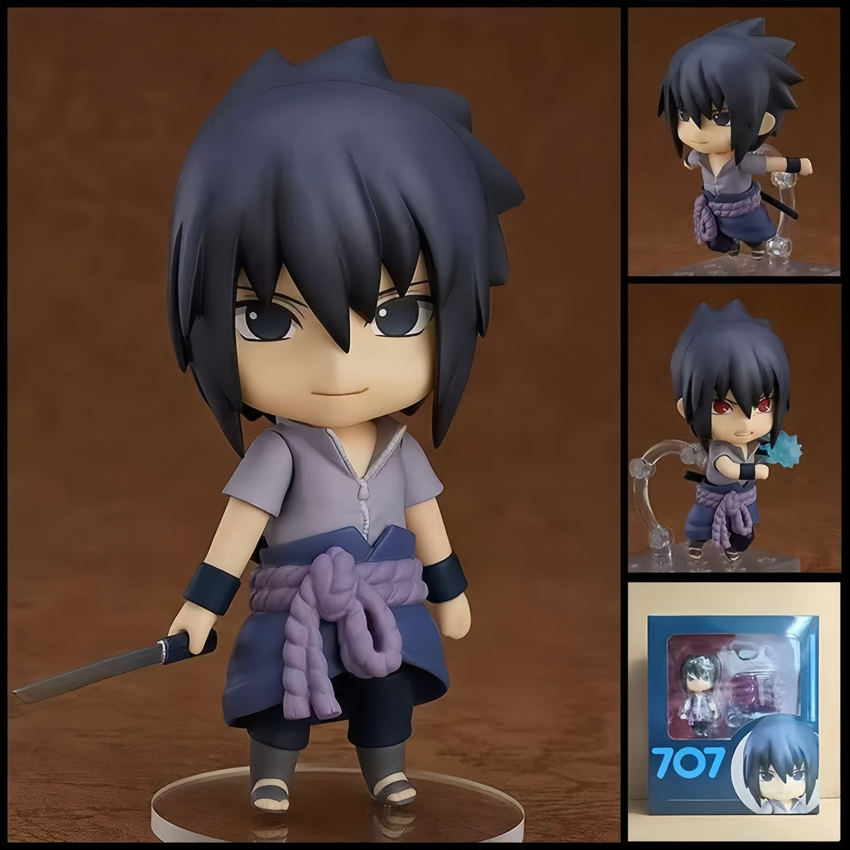 Sasuke Uchiha NARUTO chibi action figure with black hair, signature shinobi outfit, Sharingan-inspired details, character accessories, and clear display base.