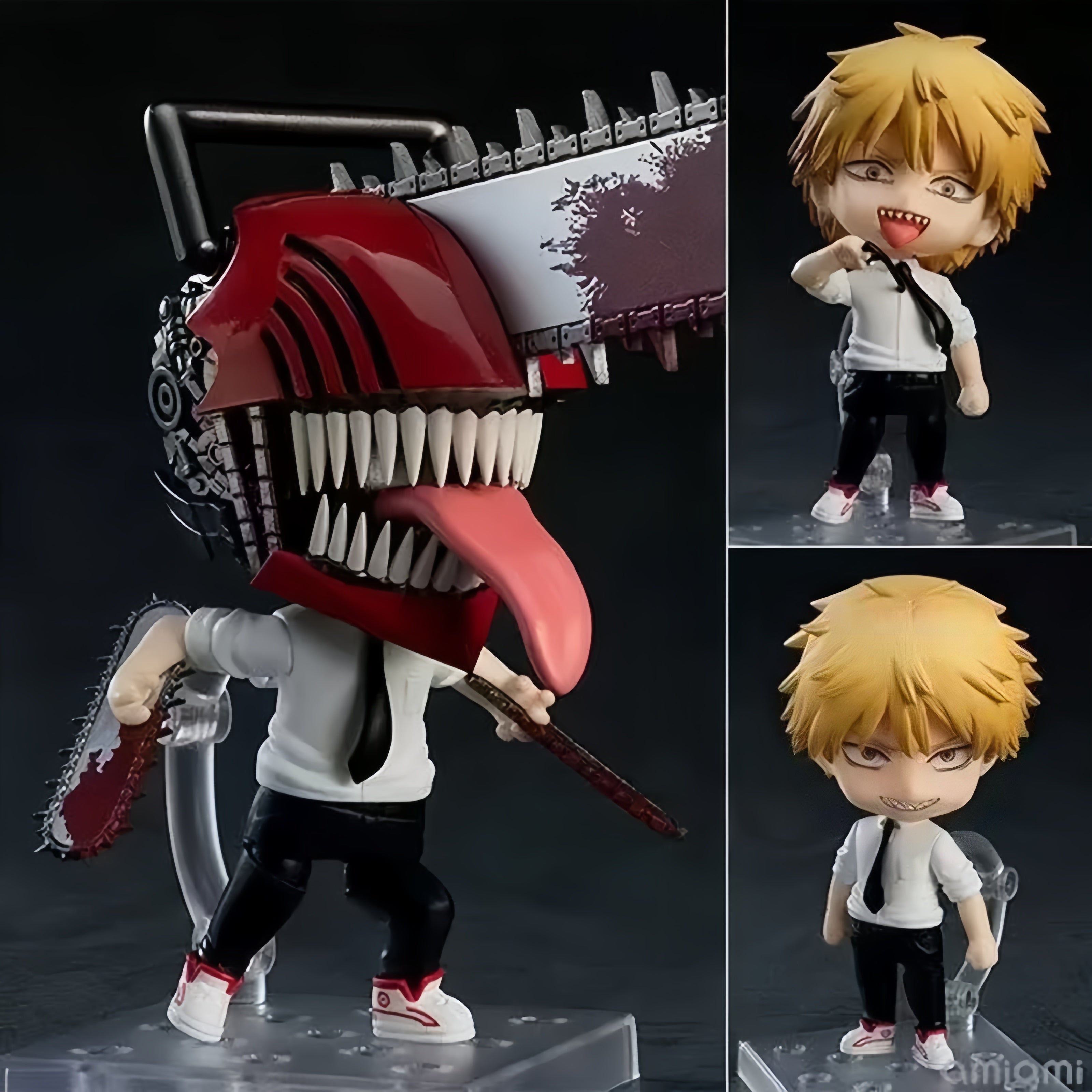 Denji CHAINSAW MAN chibi action figure with blonde hair, Public Safety outfit, chainsaw head, chainsaw arms, interchangeable parts, and clear display base.