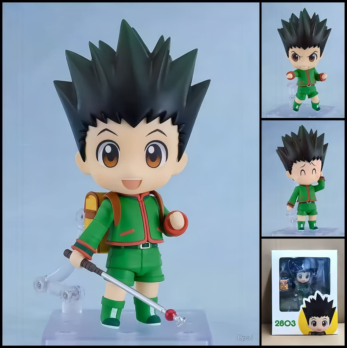 Gon Freecss HUNTER X HUNTER chibi action figure with spiky black hair, green outfit, fishing rod, backpack, interchangeable parts, and clear display base.