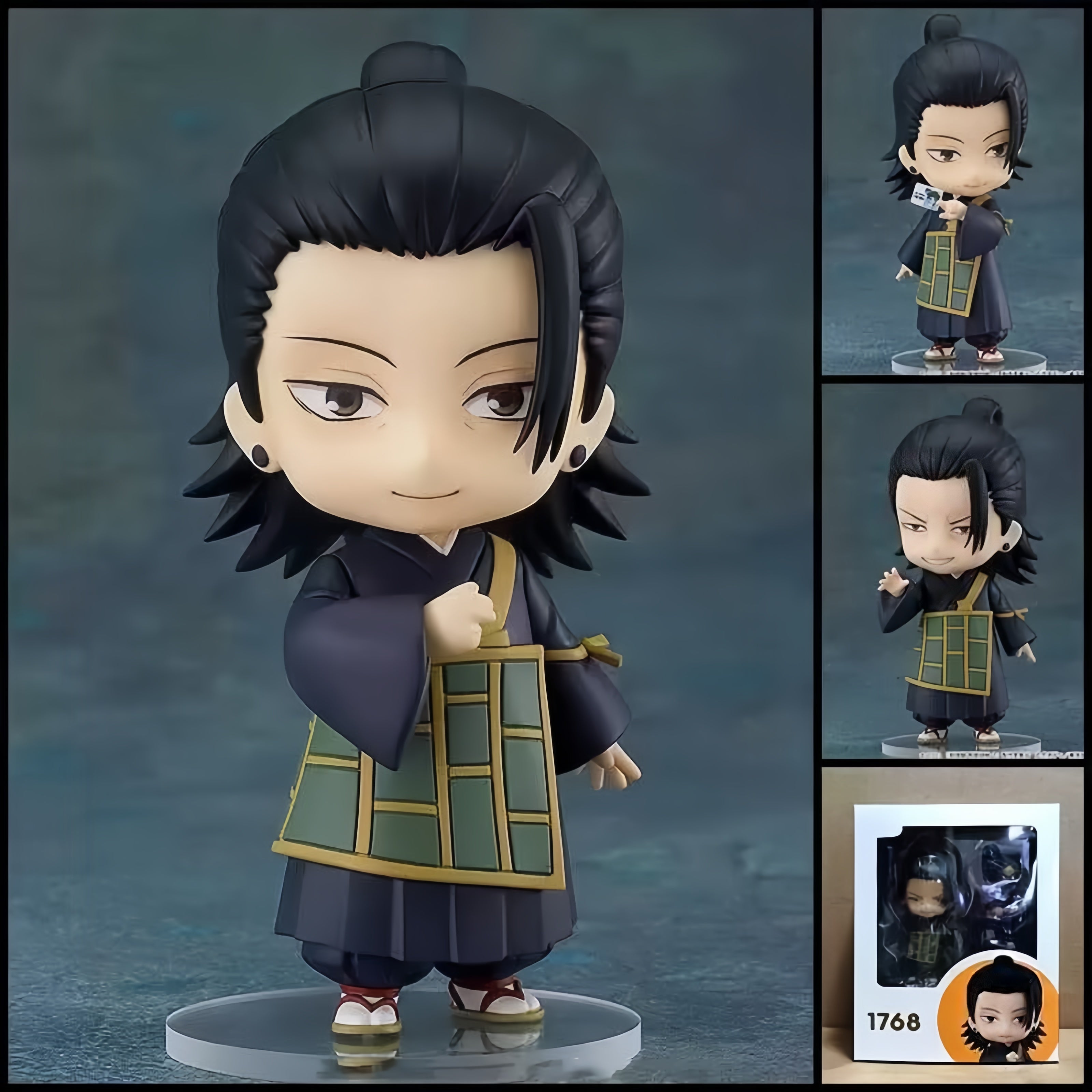 Suguru Geto JUJUTSU KAISEN chibi action figure with tied-back black hair, traditional-inspired outfit, character accessories, interchangeable parts, and clear display base.