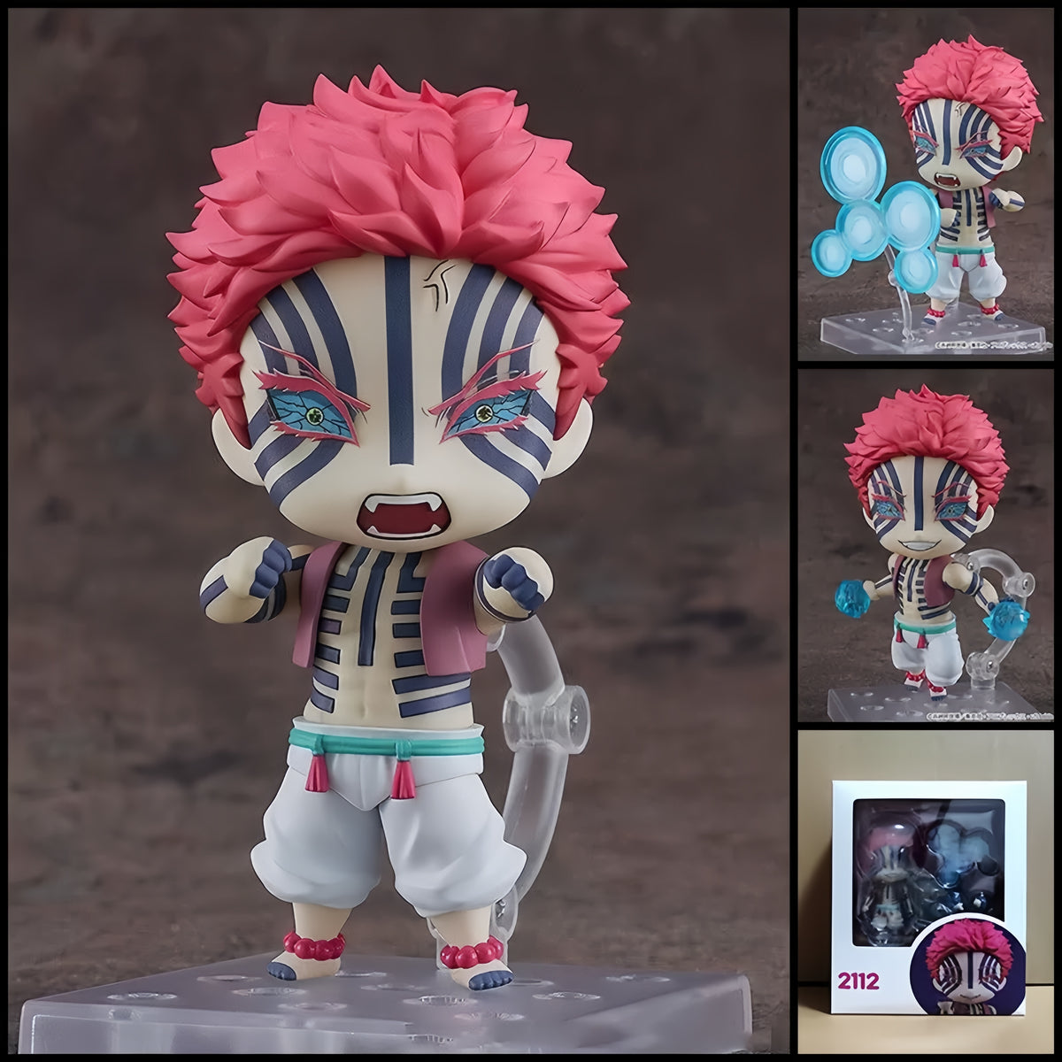 Akaza DEMON SLAYER chibi action figure with pink hair, blue demon markings, battle expressions, martial arts effect parts, interchangeable pieces, and clear display base.
