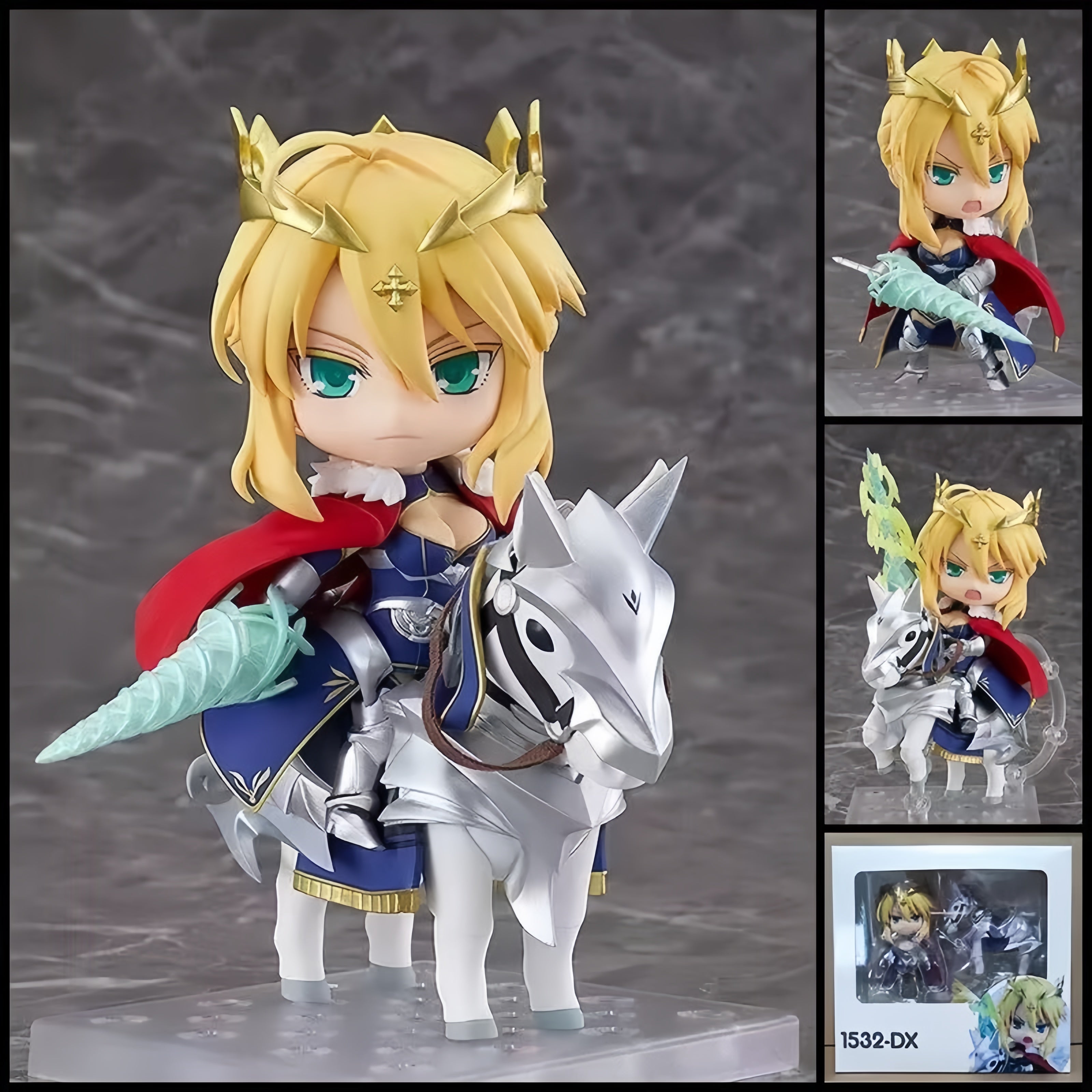Artoria Pendragon Lancer FATE/GRAND ORDER chibi action figure with royal armour, red cape, crown details, lance, armoured horse, and display base.