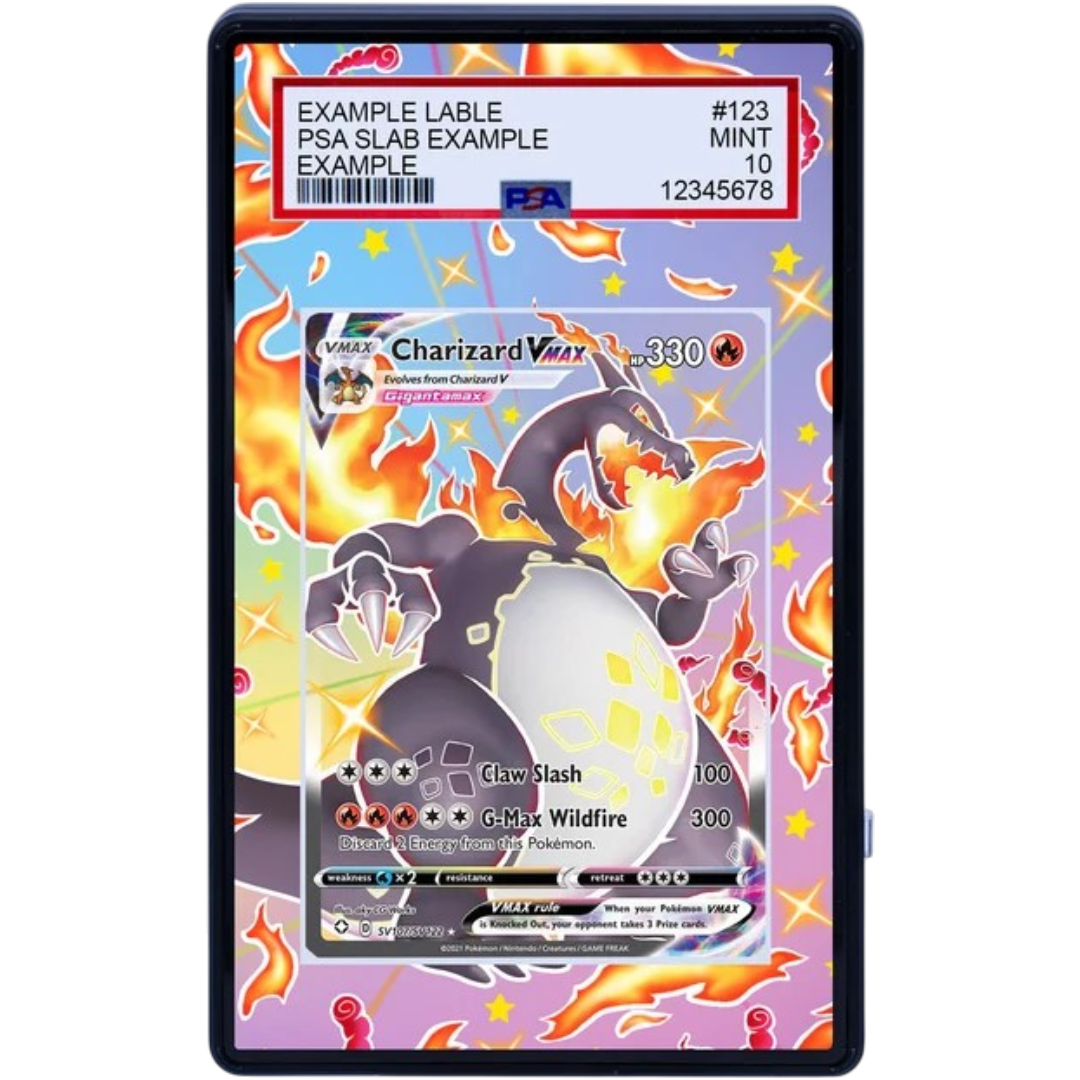 CHARIZARD VMAX SV107/SV122 Pokémon card Extended Art display panel with fiery Charizard artwork.
