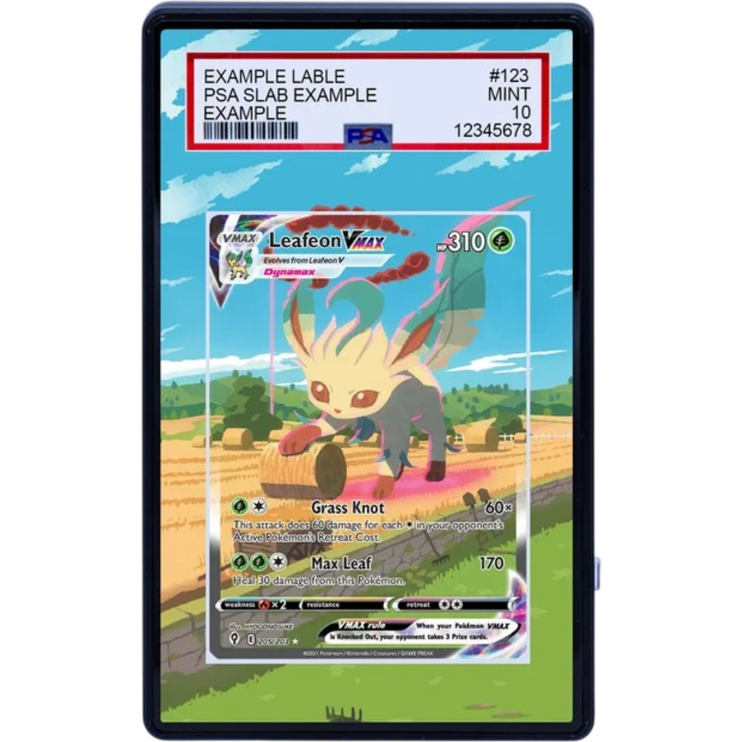 LEAFEON VMAX 205/203 Pokémon Evolving Skies Extended Art panel for a graded card display case.