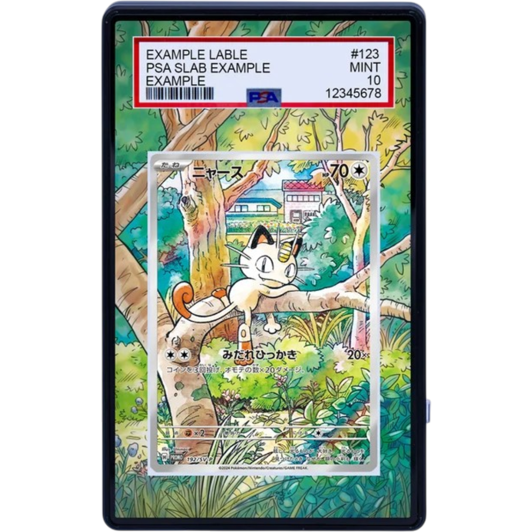 MEOWTH 106/094 Pokémon Phantasmal Flames Extended Art panel for a premium graded card display case.