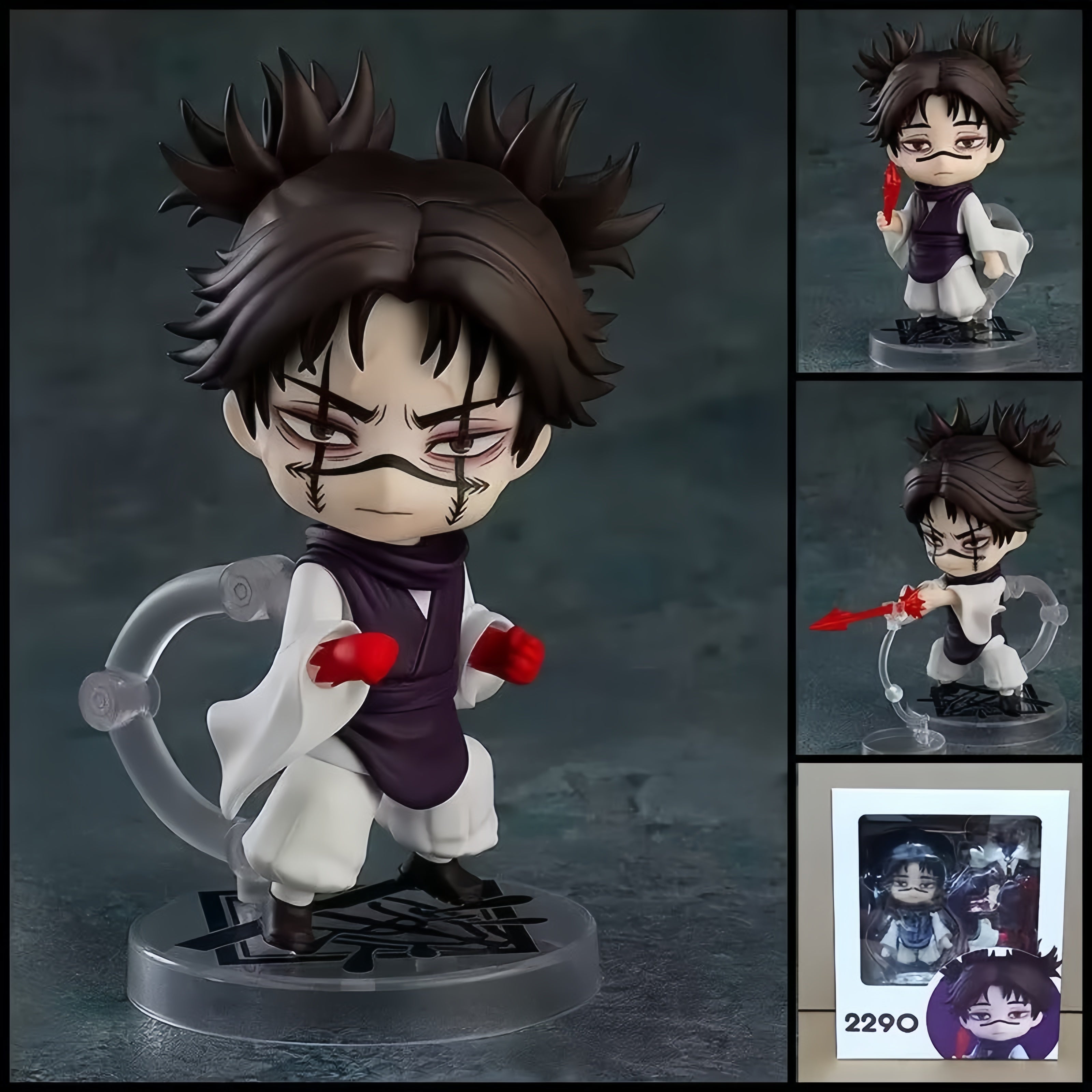 Choso JUJUTSU KAISEN chibi action figure with dark hair, signature facial markings, layered outfit, red blood effect accessories, and clear display base.