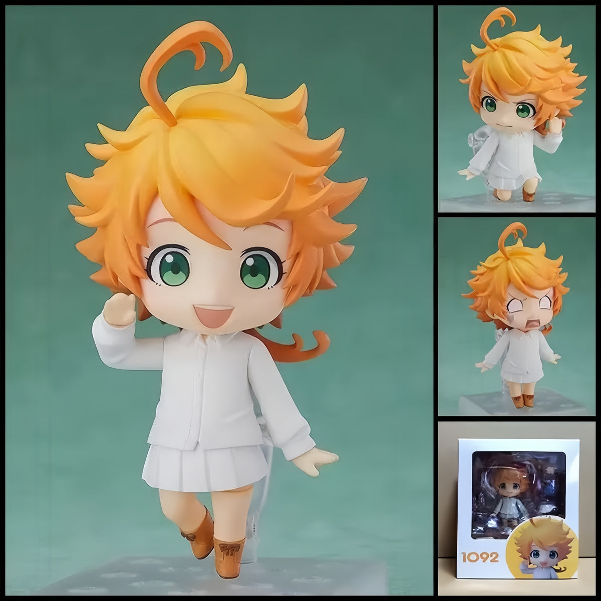 Emma THE PROMISED NEVERLAND chibi action figure with orange hair, green eyes, white Grace Field House uniform, multiple expressions, and clear display base.