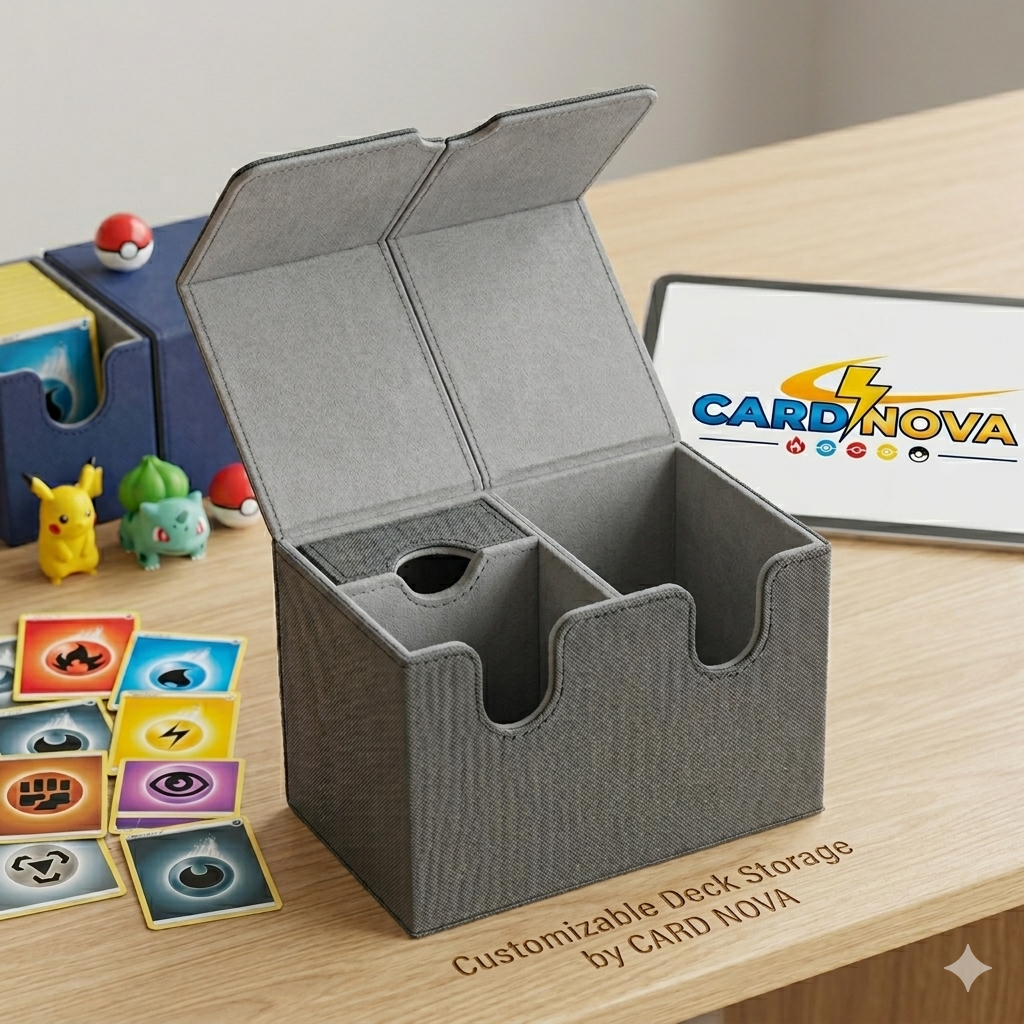 Gray card storage box with customizable deck storage 