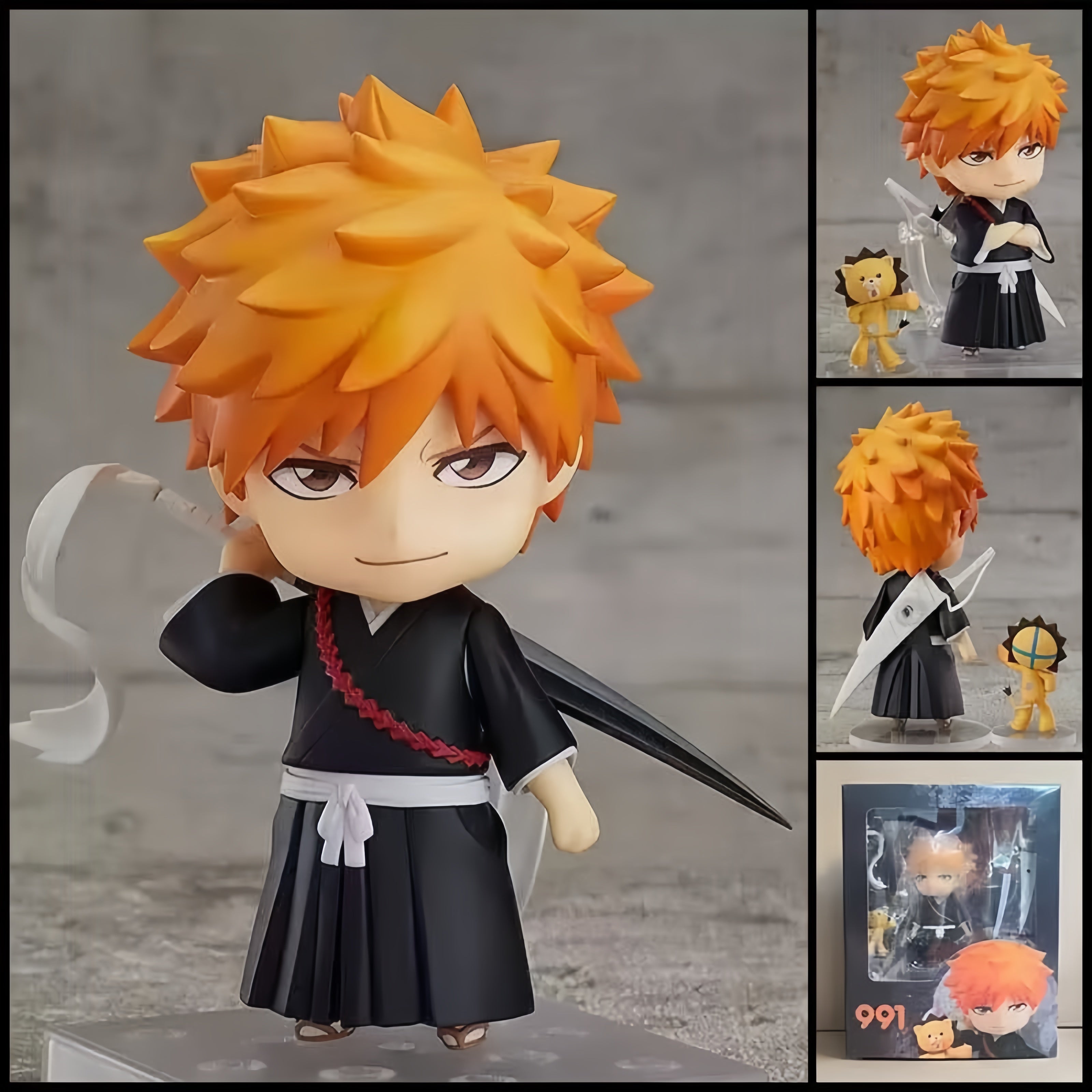 Ichigo Kurosaki BLEACH chibi action figure with orange hair, black Soul Reaper outfit, oversized sword, character-themed accessories, and clear display base.