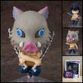 Inosuke Hashibira DEMON SLAYER chibi action figure with boar mask, dual serrated Nichirin swords, interchangeable parts, and clear display base.