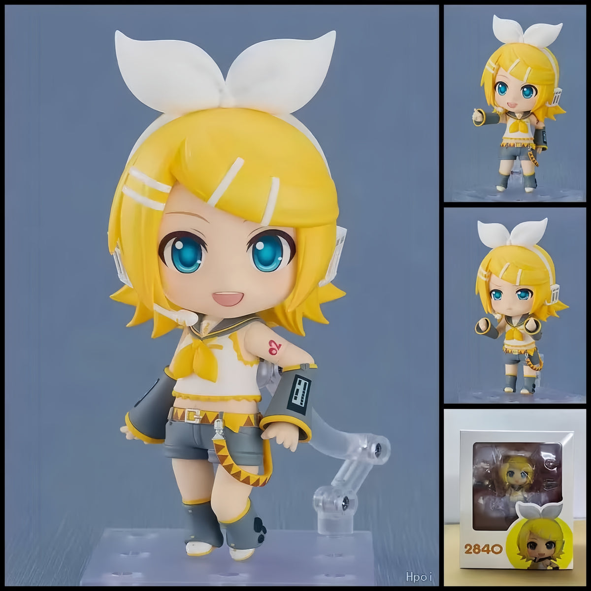 Kagamine Rin VOCALOID chibi action figure with blonde hair, oversized white bow, yellow-and-black outfit, character-themed accessories, and clear display base.