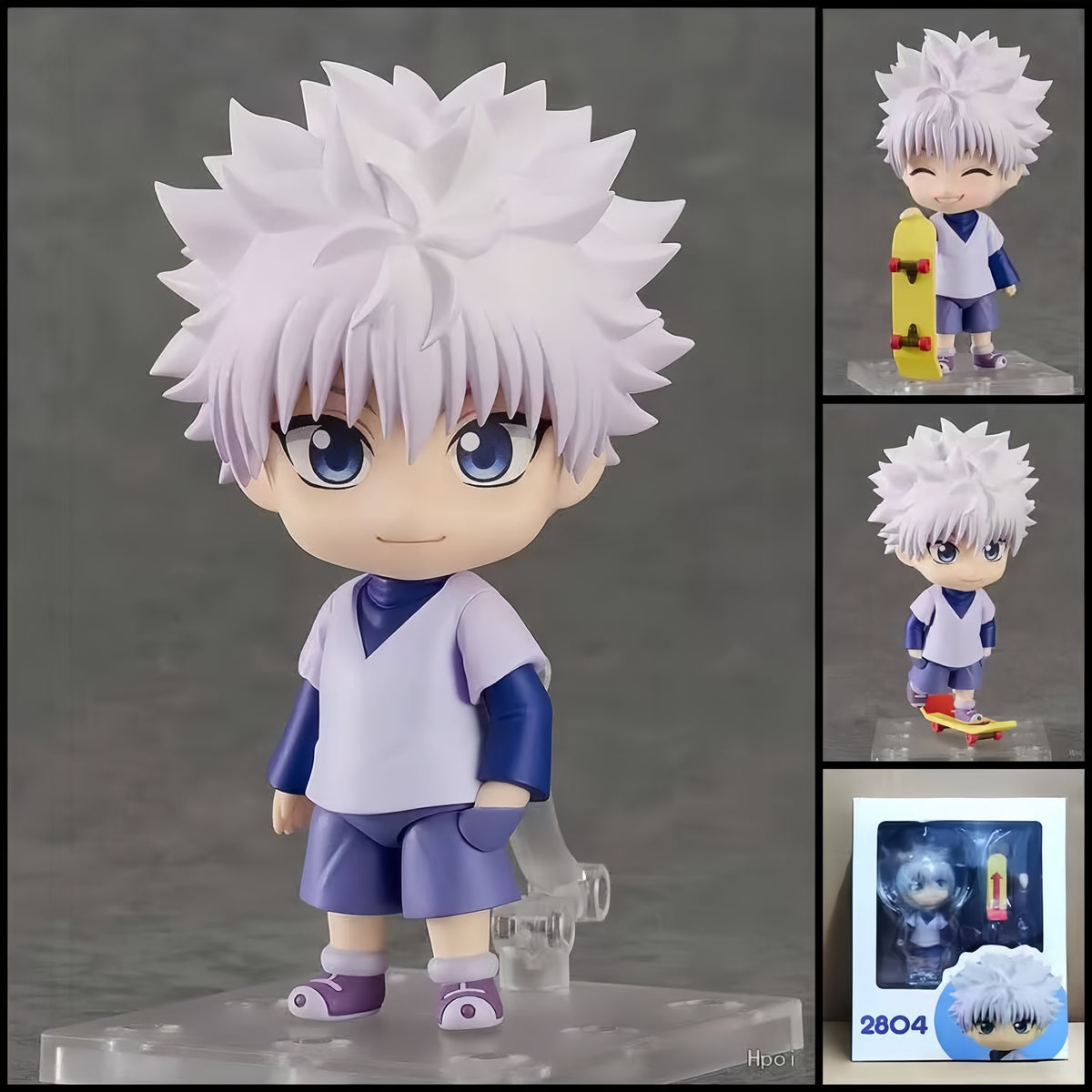 Killua Zoldyck HUNTER X HUNTER chibi action figure with spiky white hair, blue-and-white outfit, yellow skateboard, interchangeable parts, and clear display base.
