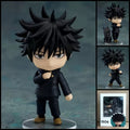 Megumi Fushiguro JUJUTSU KAISEN chibi action figure with spiky black hair, Jujutsu High uniform, Divine Dog companion, interchangeable parts, and clear display base.
