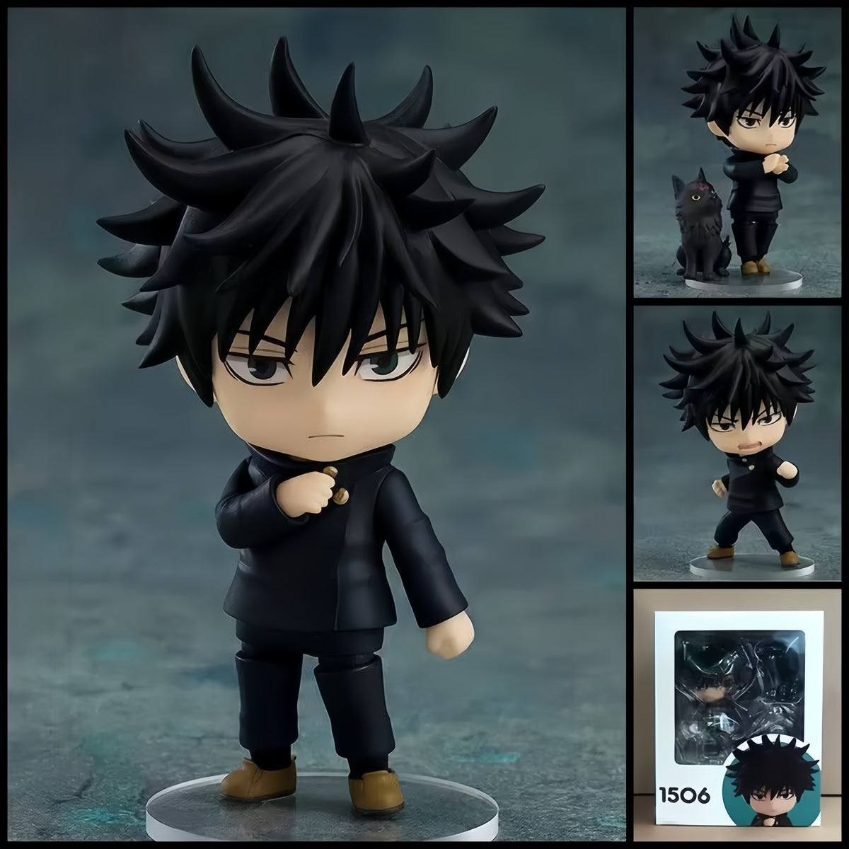 Megumi Fushiguro JUJUTSU KAISEN chibi action figure with spiky black hair, Jujutsu High uniform, Divine Dog companion, interchangeable parts, and clear display base.