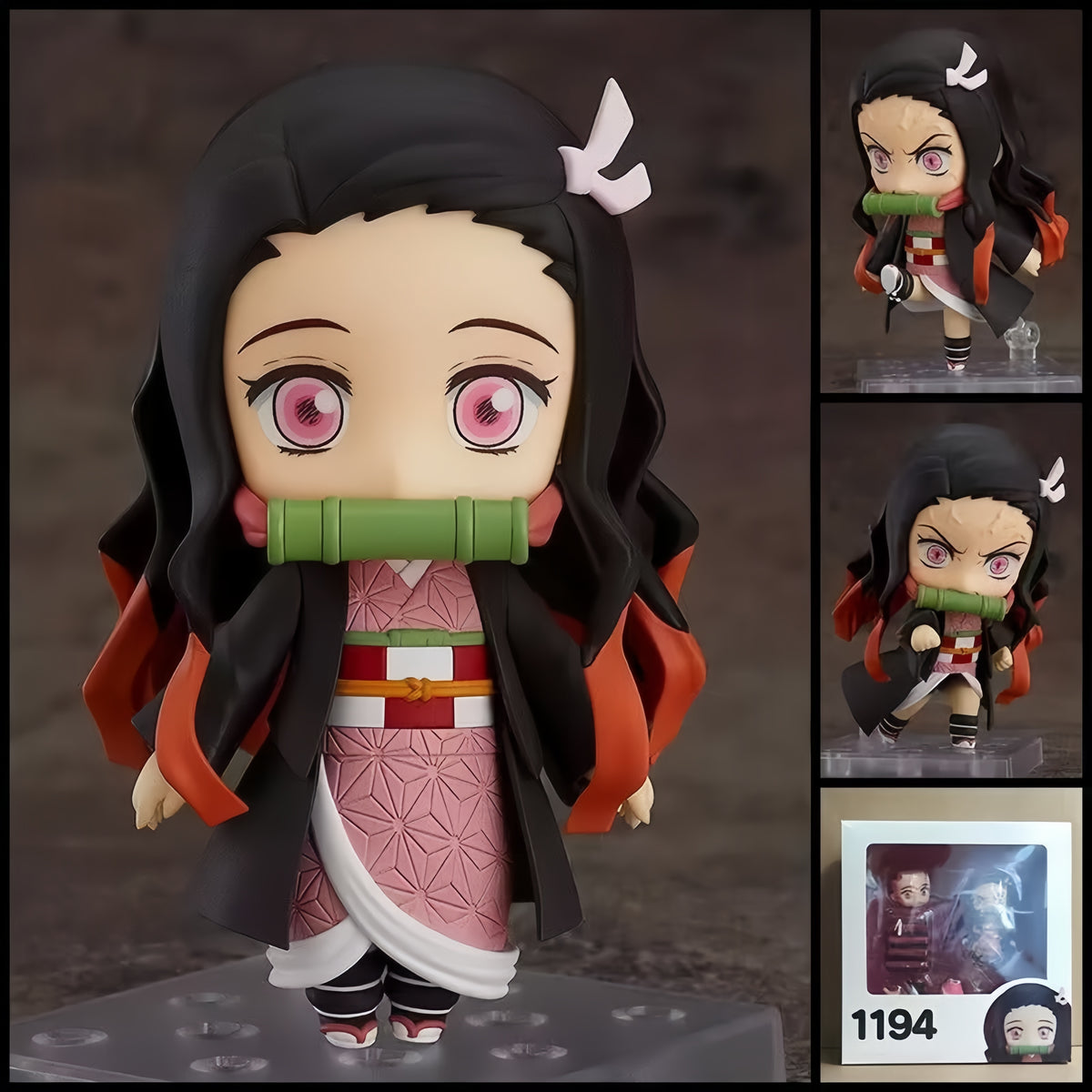 Nezuko Kamado DEMON SLAYER chibi action figure with pink kimono, bamboo muzzle, long black hair, interchangeable parts, effect accessories, and clear display base.