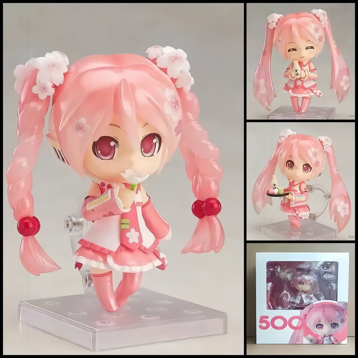 Sakura Miku HATSUNE MIKU chibi action figure with long pink twin-tails, cherry blossom-inspired details, pastel outfit, character-themed accessories, and clear display base.