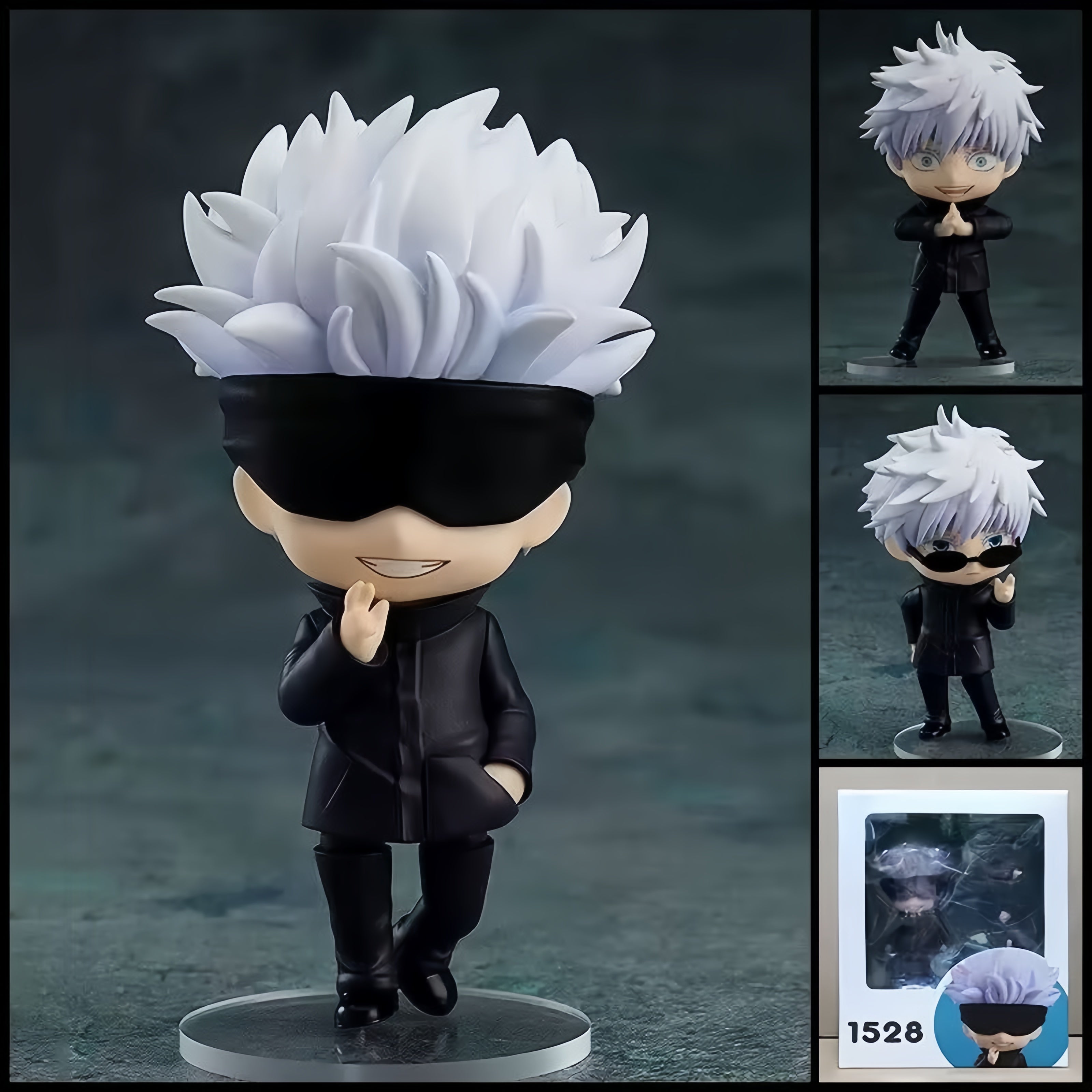 Satoru Gojo JUJUTSU KAISEN chibi action figure with white hair, black uniform, blindfold, sunglasses, interchangeable parts, and clear display base.
