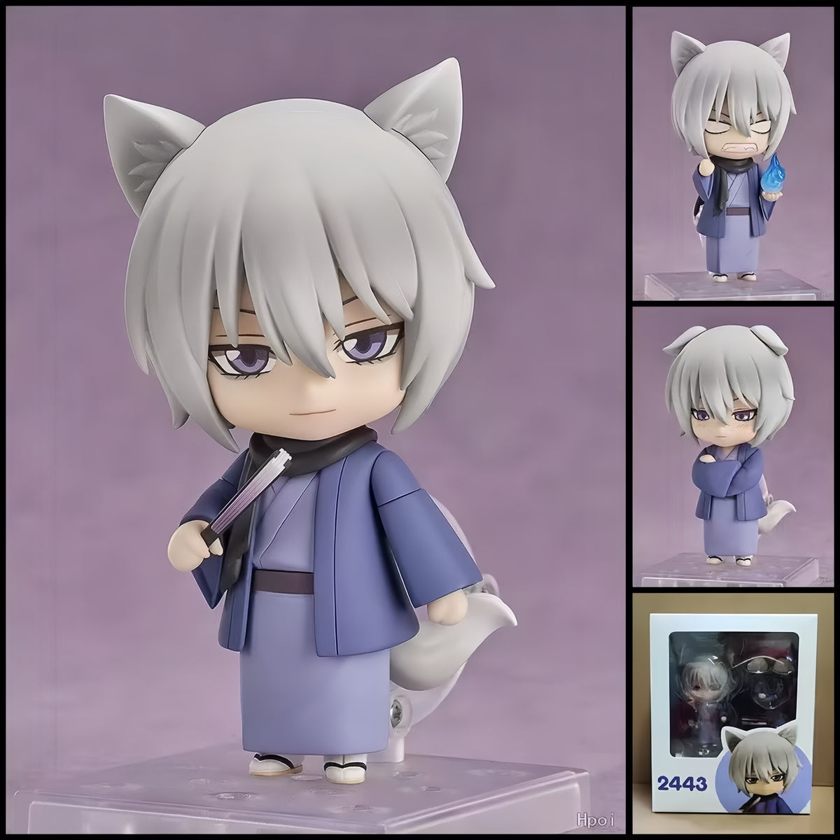 Tomoe KAMISAMA KISS chibi action figure with silver hair, fox ears and tail, traditional Japanese outfit, folding fan, flame effect, and clear display base.