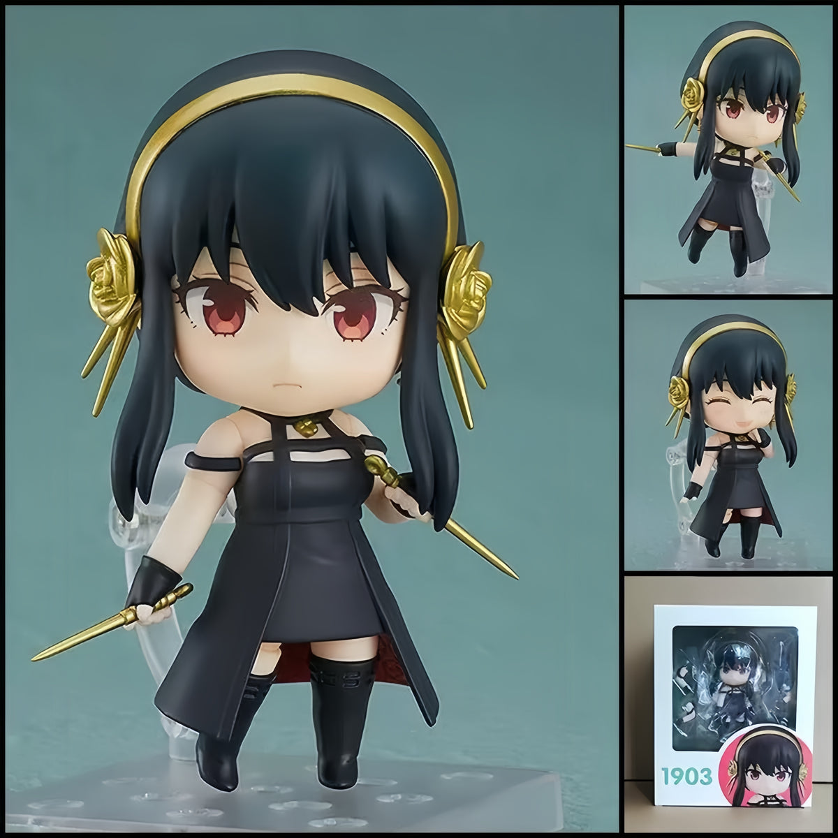 Yor Forger SPY X FAMILY chibi action figure with black dress, red eyes, gold rose headband, golden stiletto weapons, interchangeable parts, and clear display base.