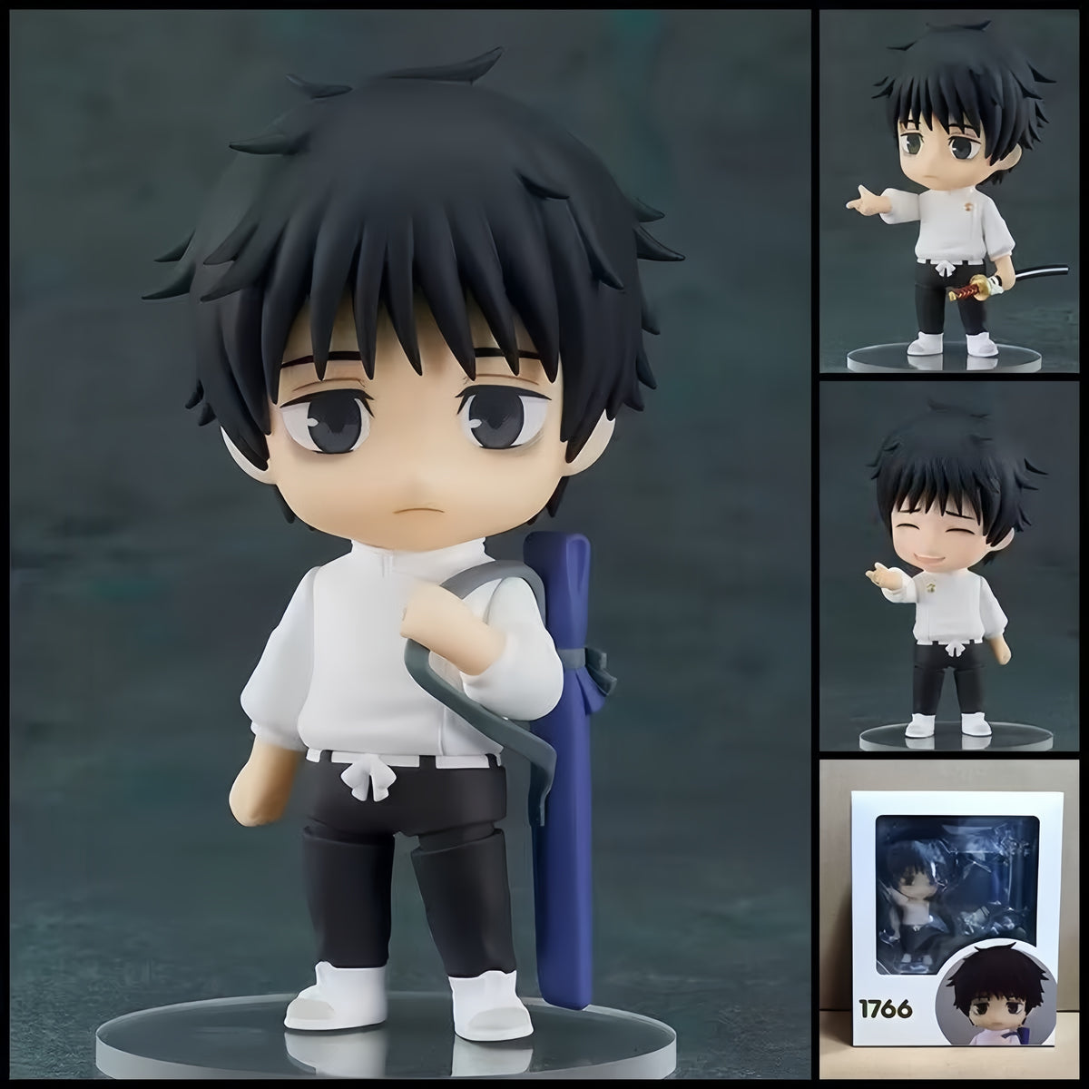 Yuta Okkotsu JUJUTSU KAISEN chibi action figure with black hair, white Jujutsu uniform, katana, sword bag, interchangeable parts, and clear display base.