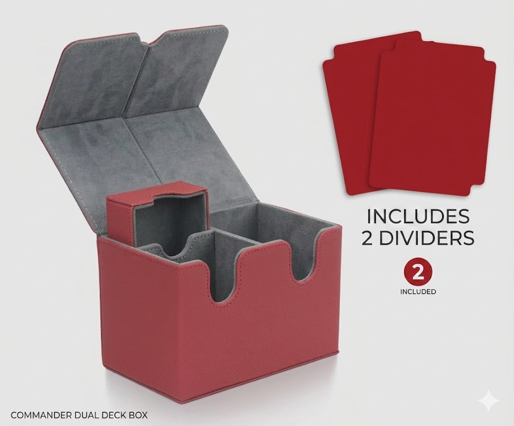 Red deck box with gray interior and two red card dividers 