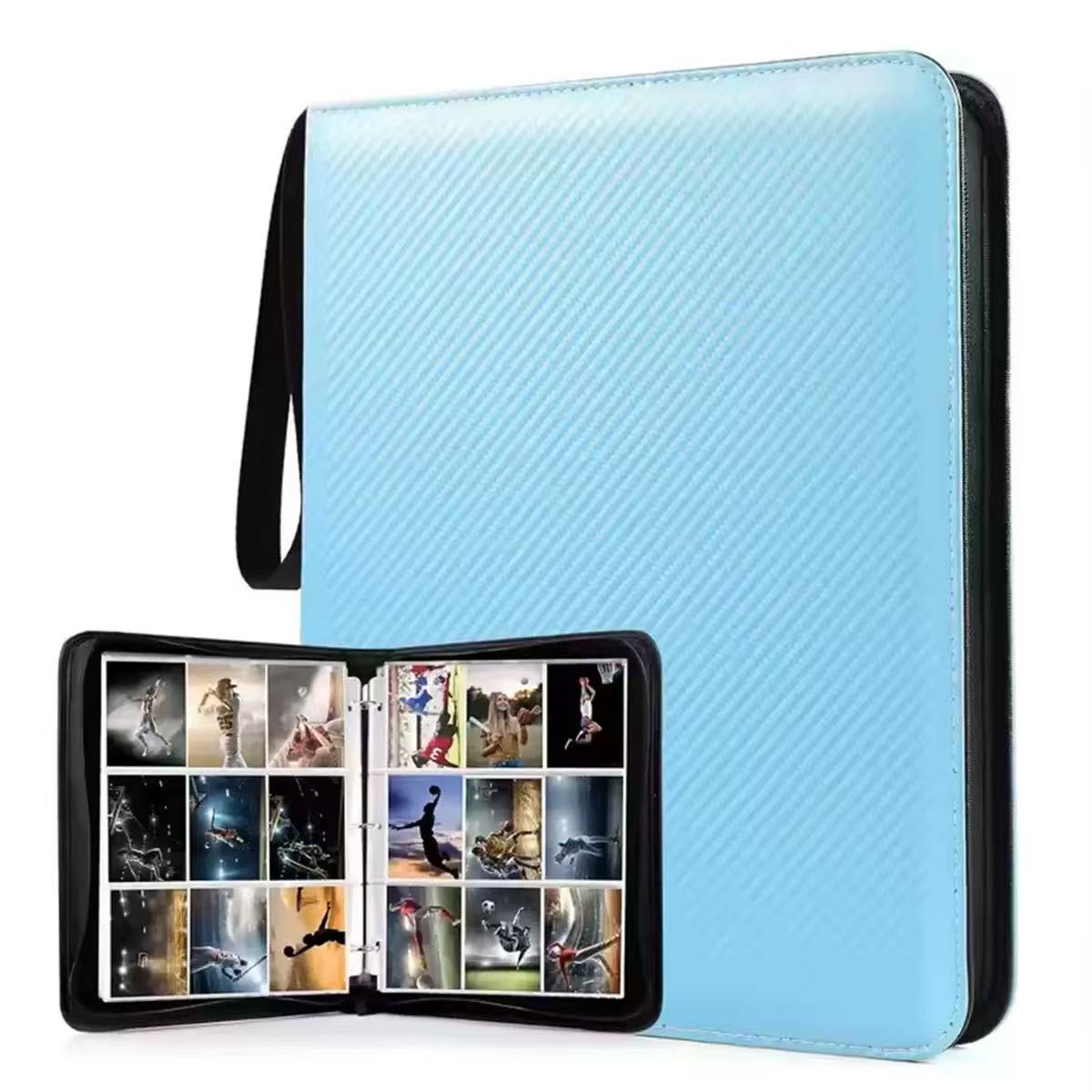Blue and black card holder with a compartment displaying trading cards
