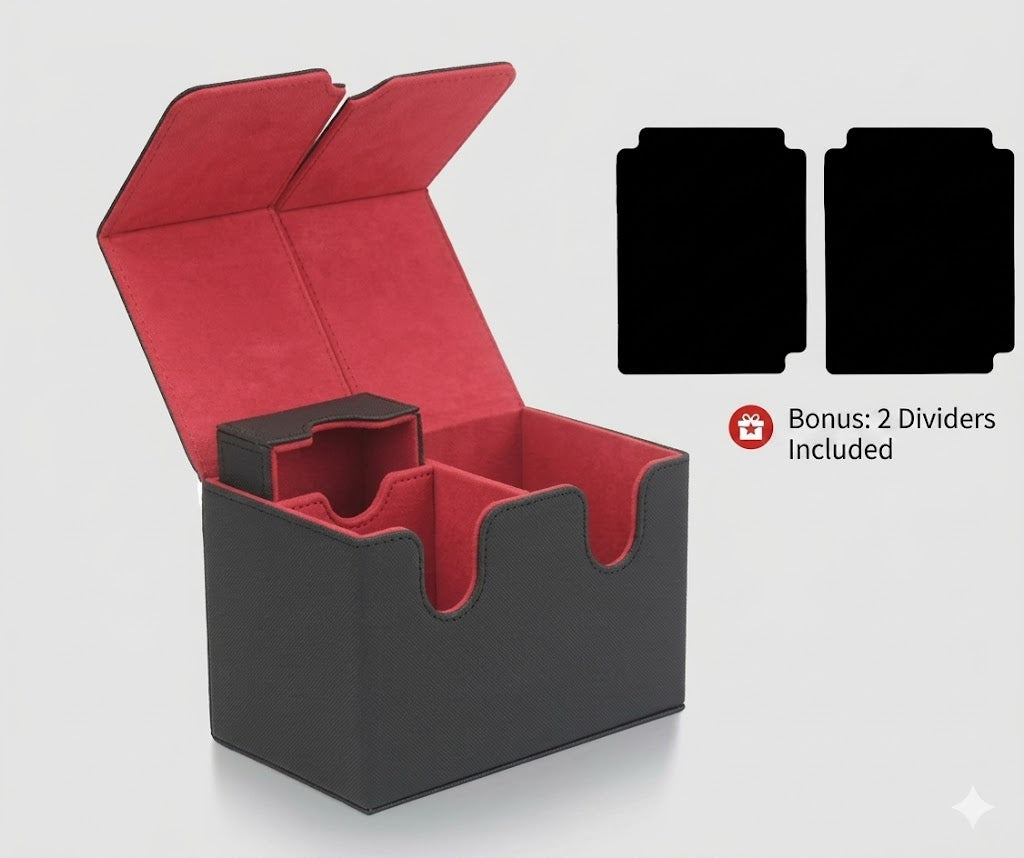 Red and black card storage box with two included dividers