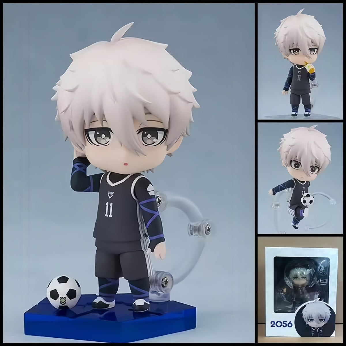 BLUE LOCK Seishiro Nagi chibi action figure – 10 cm PVC anime figure with white hair, number 11 football uniform, soccer ball and interchangeable parts.