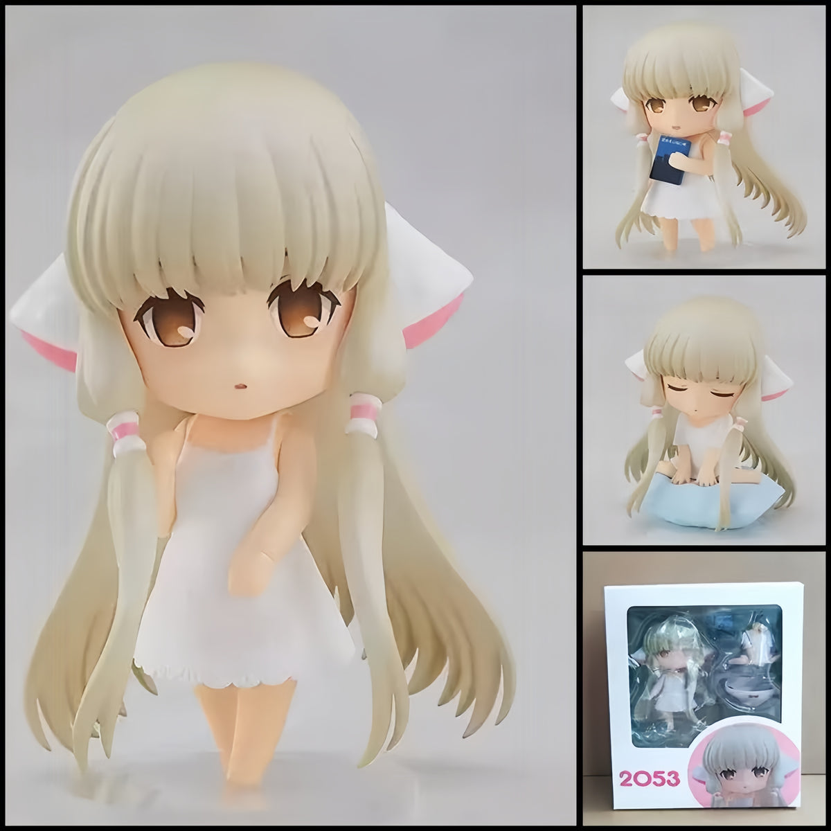 CHOBITS Chii chibi action figure – 10 cm PVC anime figure with long blonde hair, Persocom ears, white outfit, book and cushion accessories.