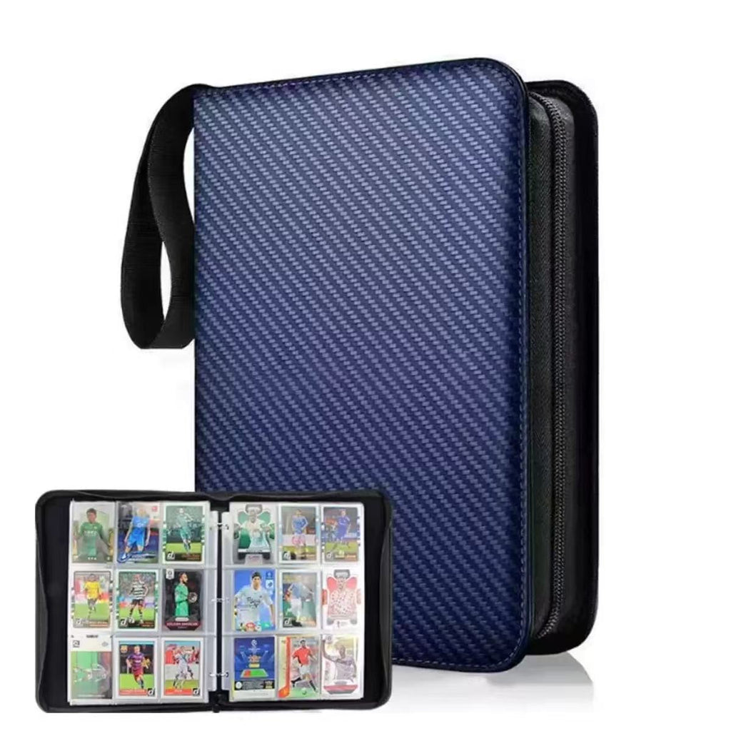 Blue and black card holder with a compartment displaying trading cards
