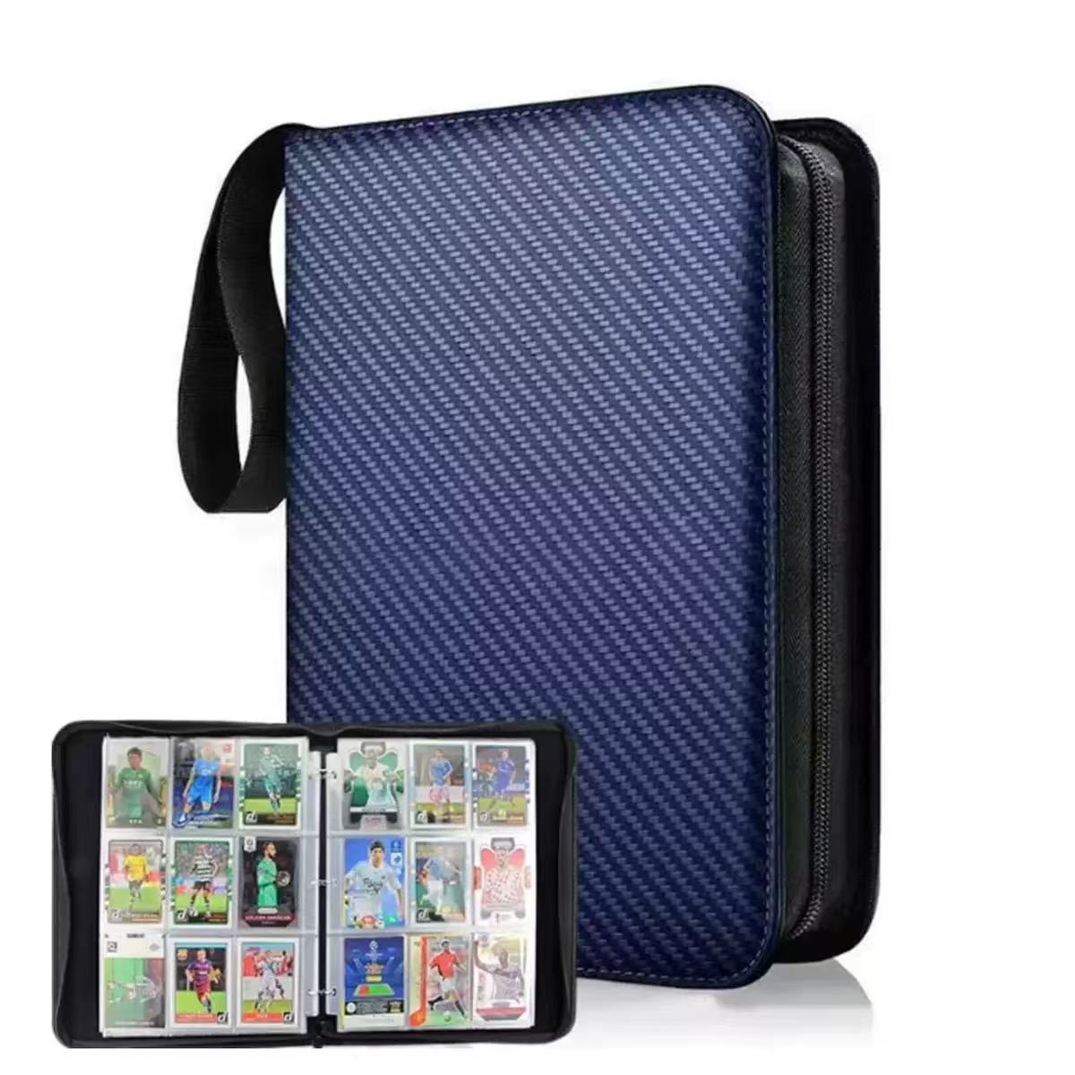 Blue and black card holder with a compartment displaying trading cards