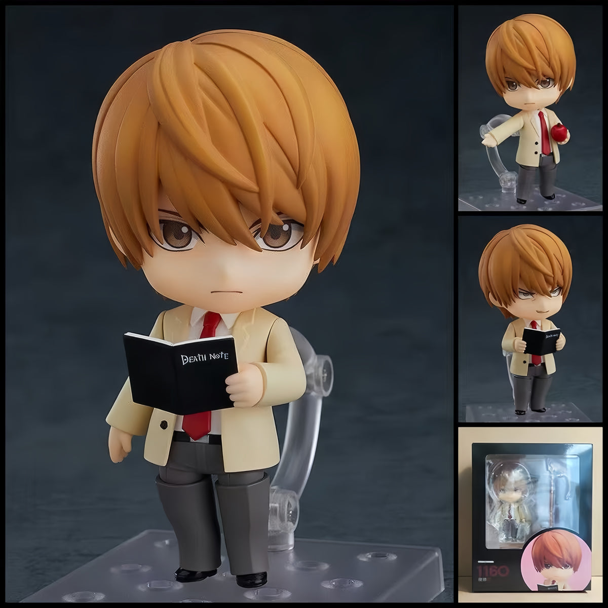 DEATH NOTE Light Yagami chibi action figure – 10 cm PVC anime figure with Death Note notebook, apple accessory and interchangeable display parts.