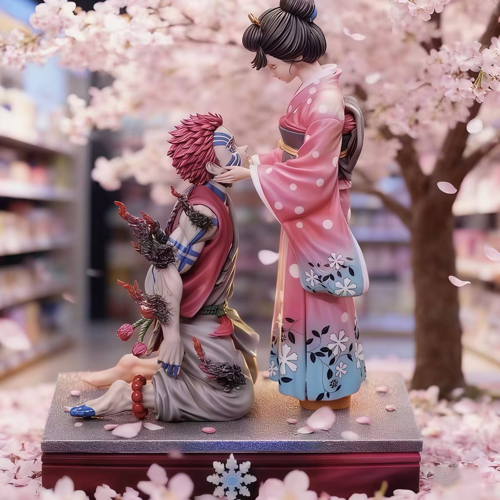 DEMON SLAYER Akaza Hakuji and Koyuki PVC statue featuring an emotional embrace, detailed demon markings, kimono styling and translucent cherry blossom effects.